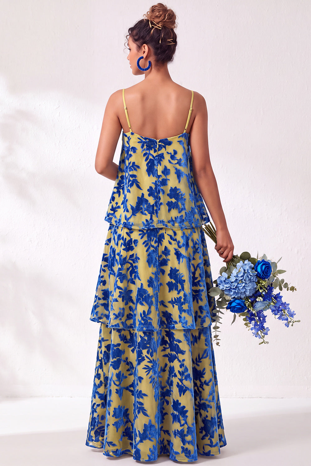 Green Flower Tiered Ruffled Velevt Long Formal Dress