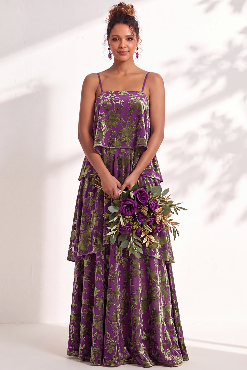 Green Flower Tiered Ruffled Velevt Long Formal Dress