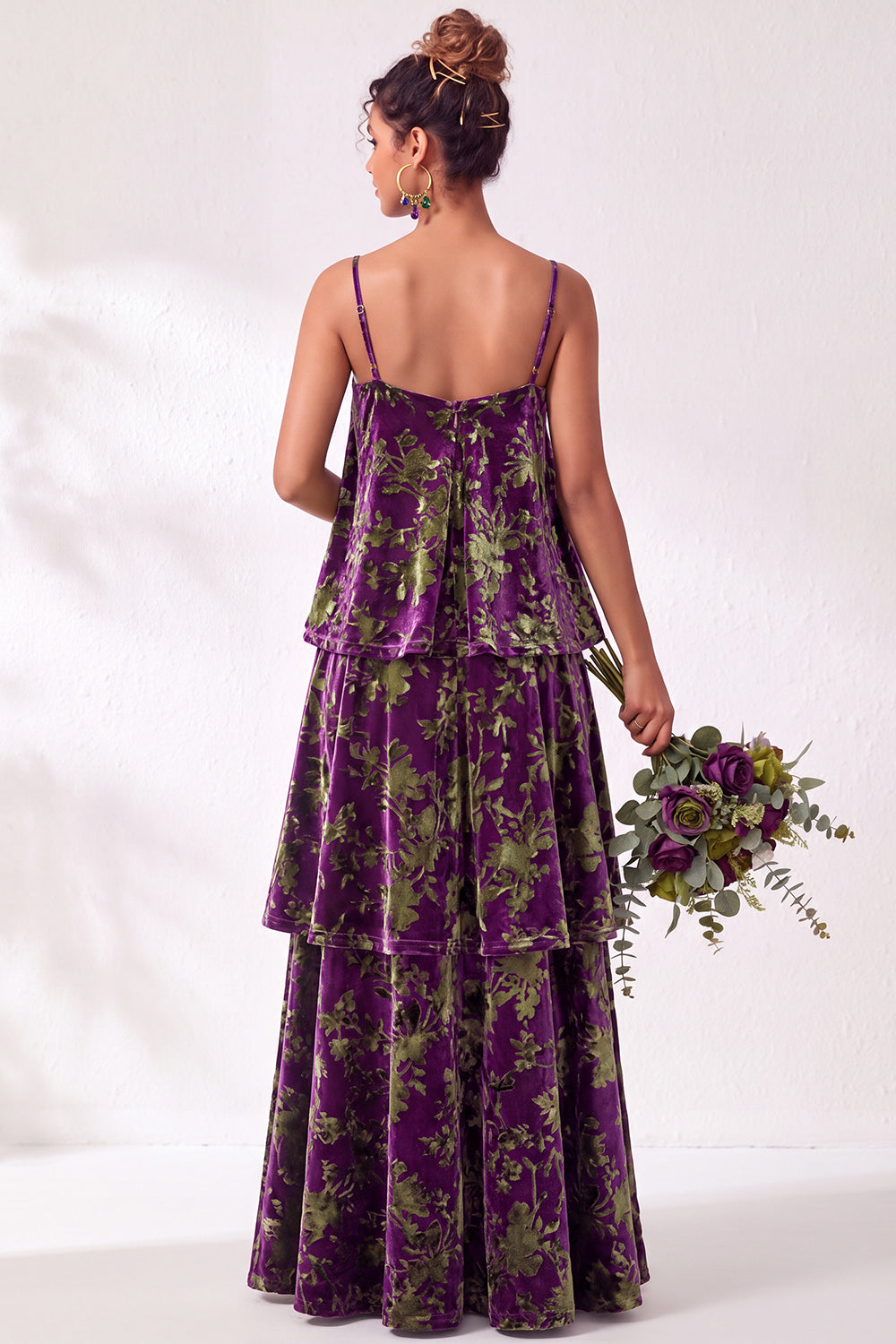 Green Flower Tiered Ruffled Velevt Long Formal Dress