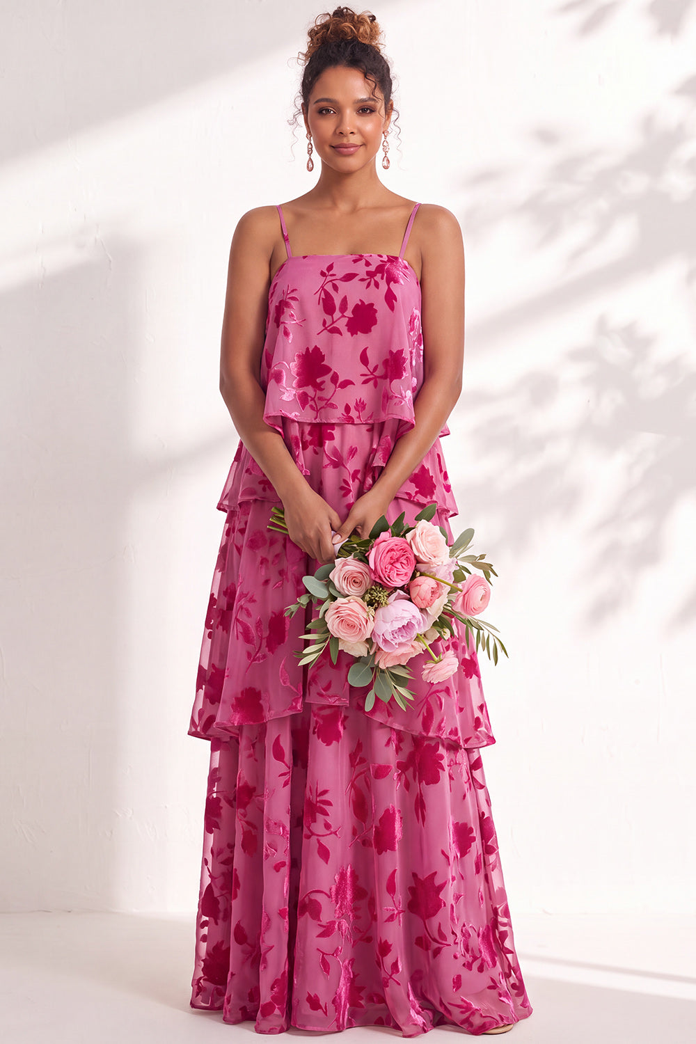 Green Flower Tiered Ruffled Velevt Long Formal Dress