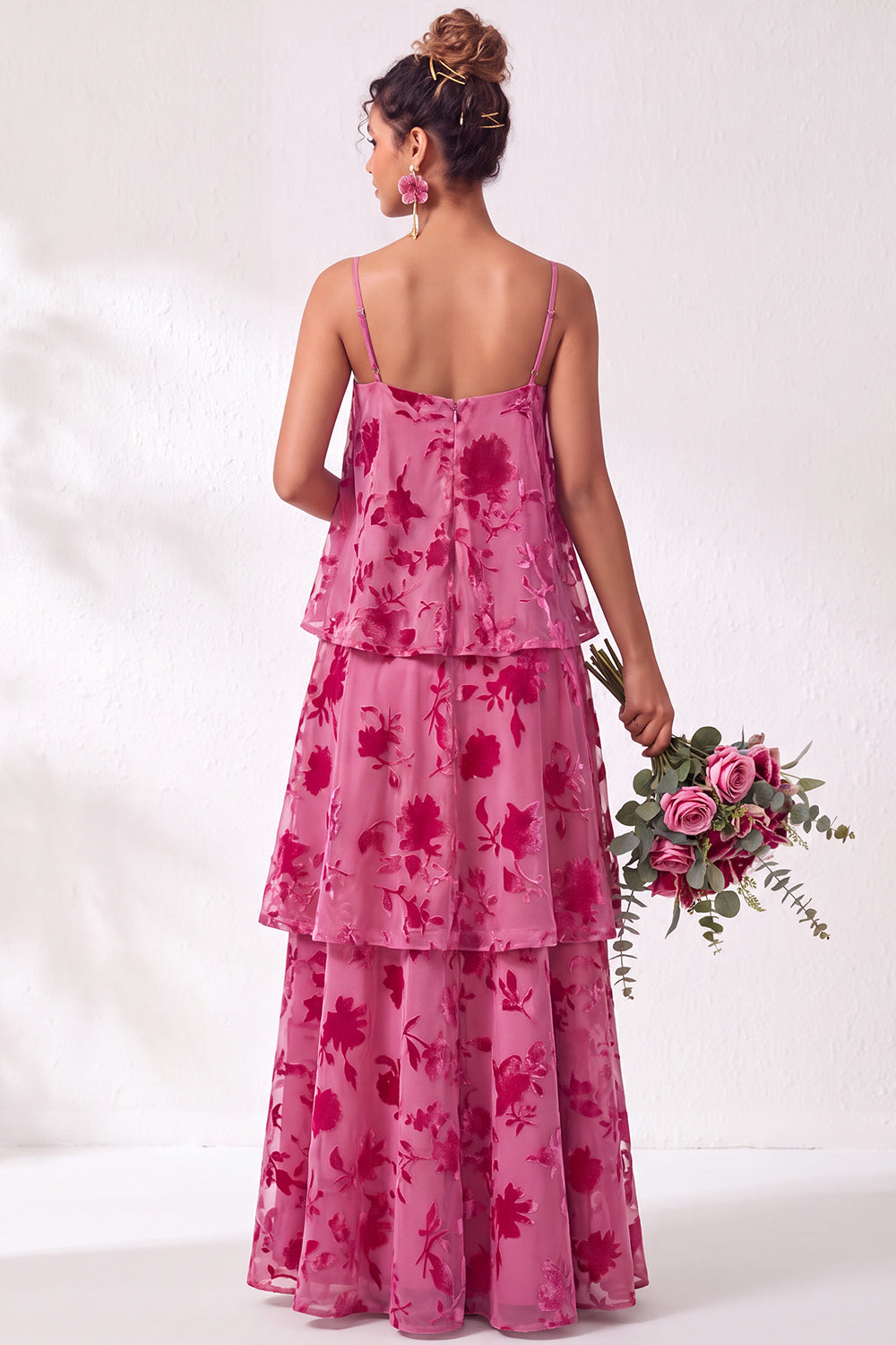 Green Flower Tiered Ruffled Velevt Long Formal Dress