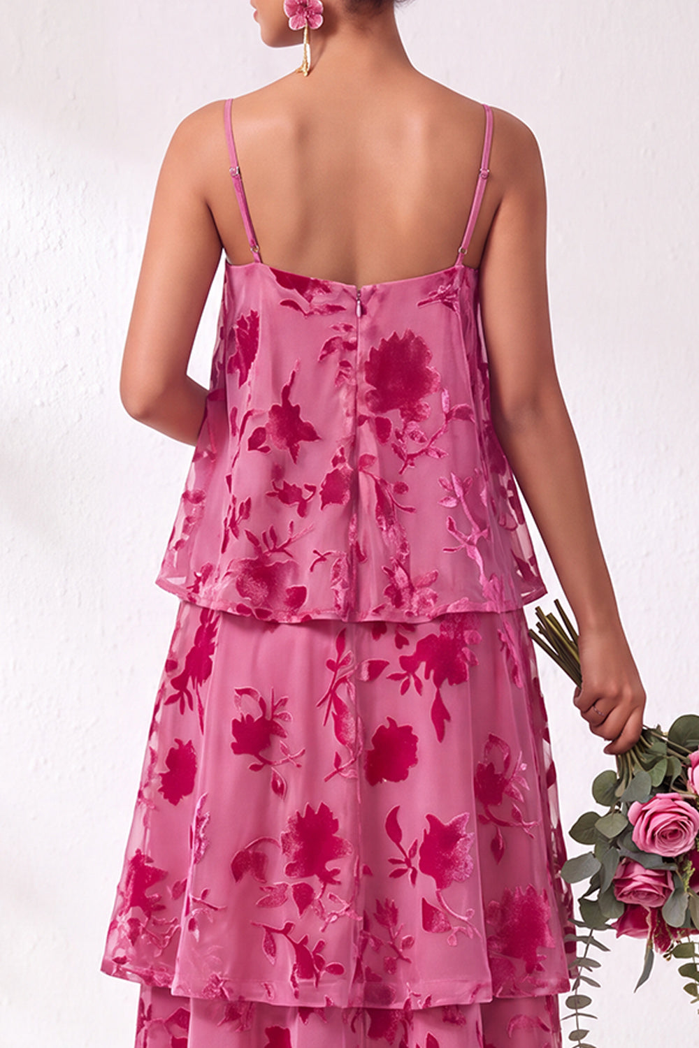 Green Flower Tiered Ruffled Velevt Long Formal Dress