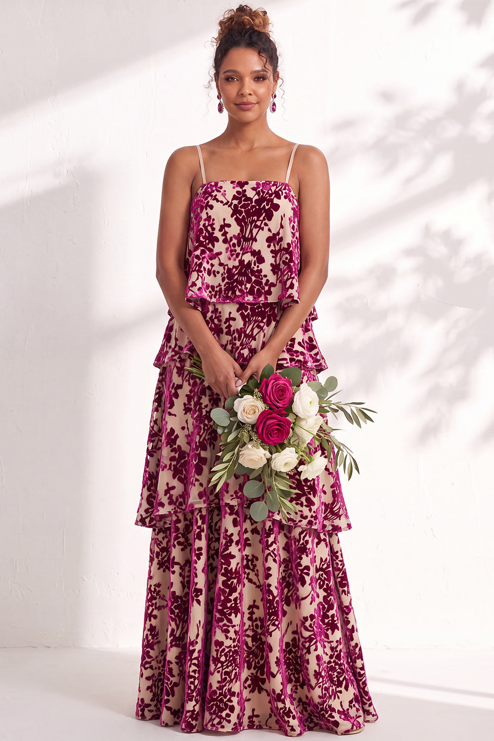 Green Flower Tiered Ruffled Velevt Long Formal Dress