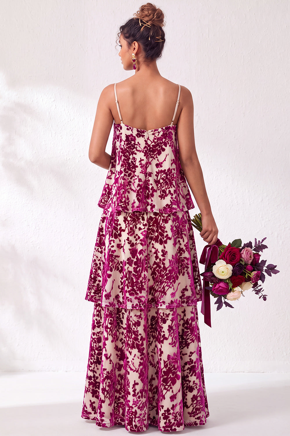 Green Flower Tiered Ruffled Velevt Long Formal Dress