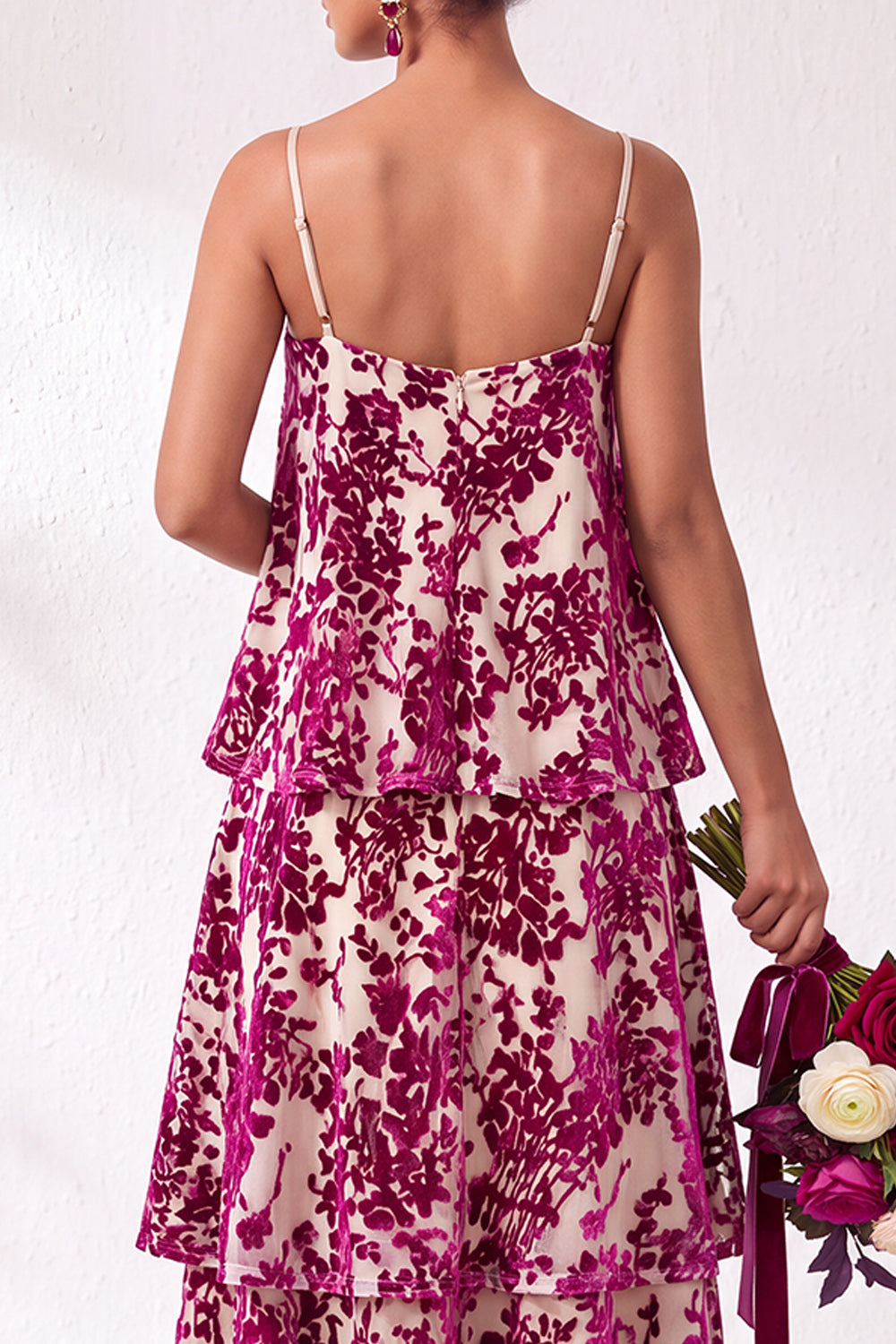 Green Flower Tiered Ruffled Velevt Long Formal Dress