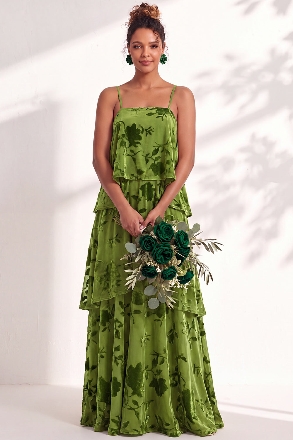 Green Flower Tiered Ruffled Velevt Long Formal Dress