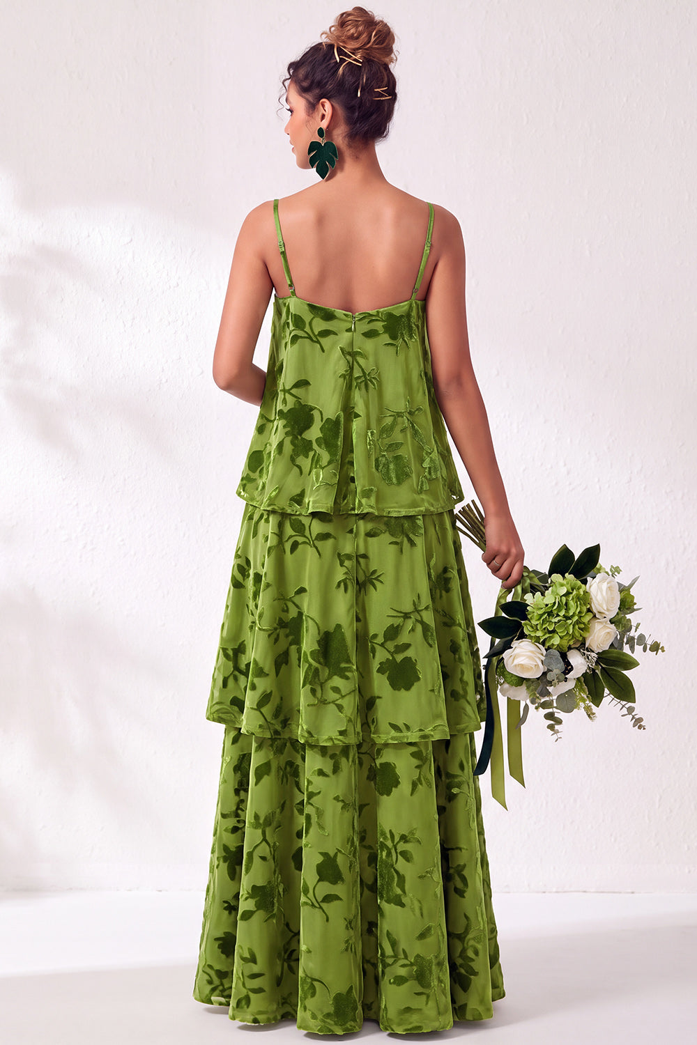 Green Flower Tiered Ruffled Velevt Long Formal Dress