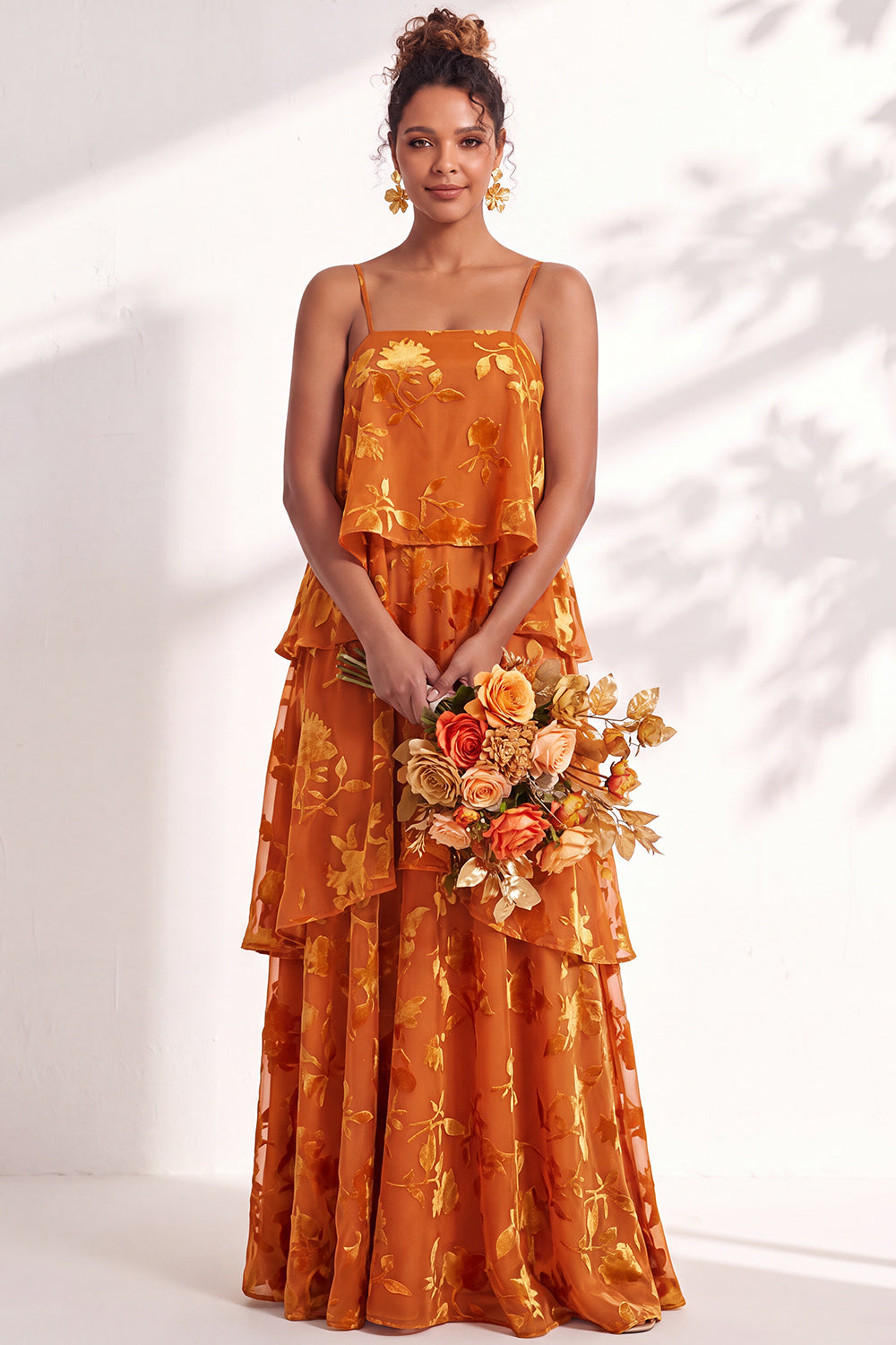 Green Flower Tiered Ruffled Velevt Long Formal Dress