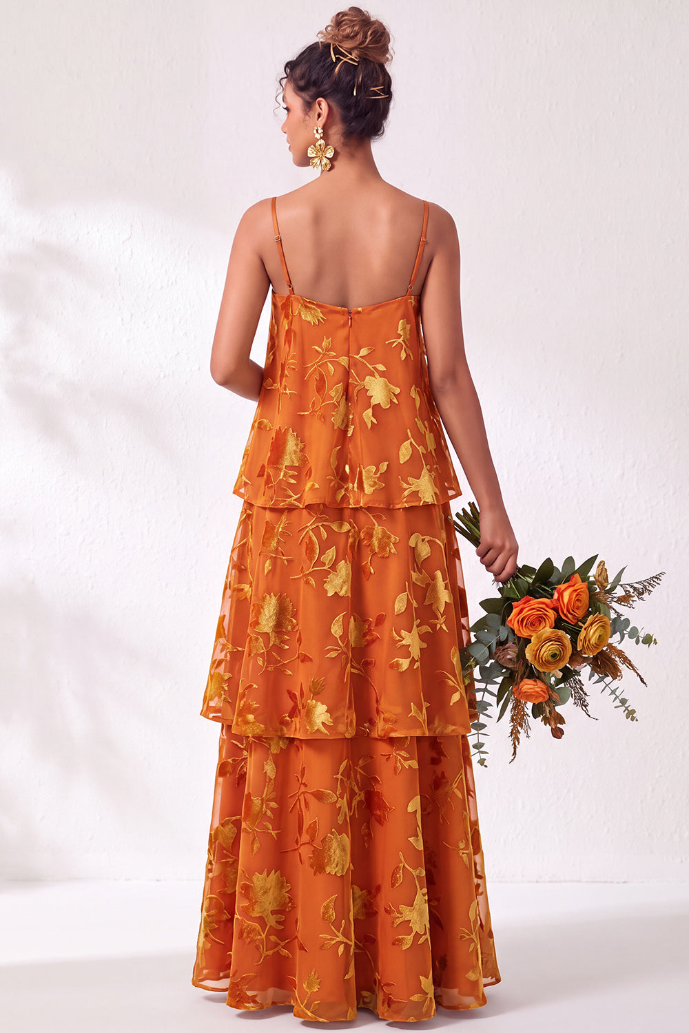 Green Flower Tiered Ruffled Velevt Long Formal Dress