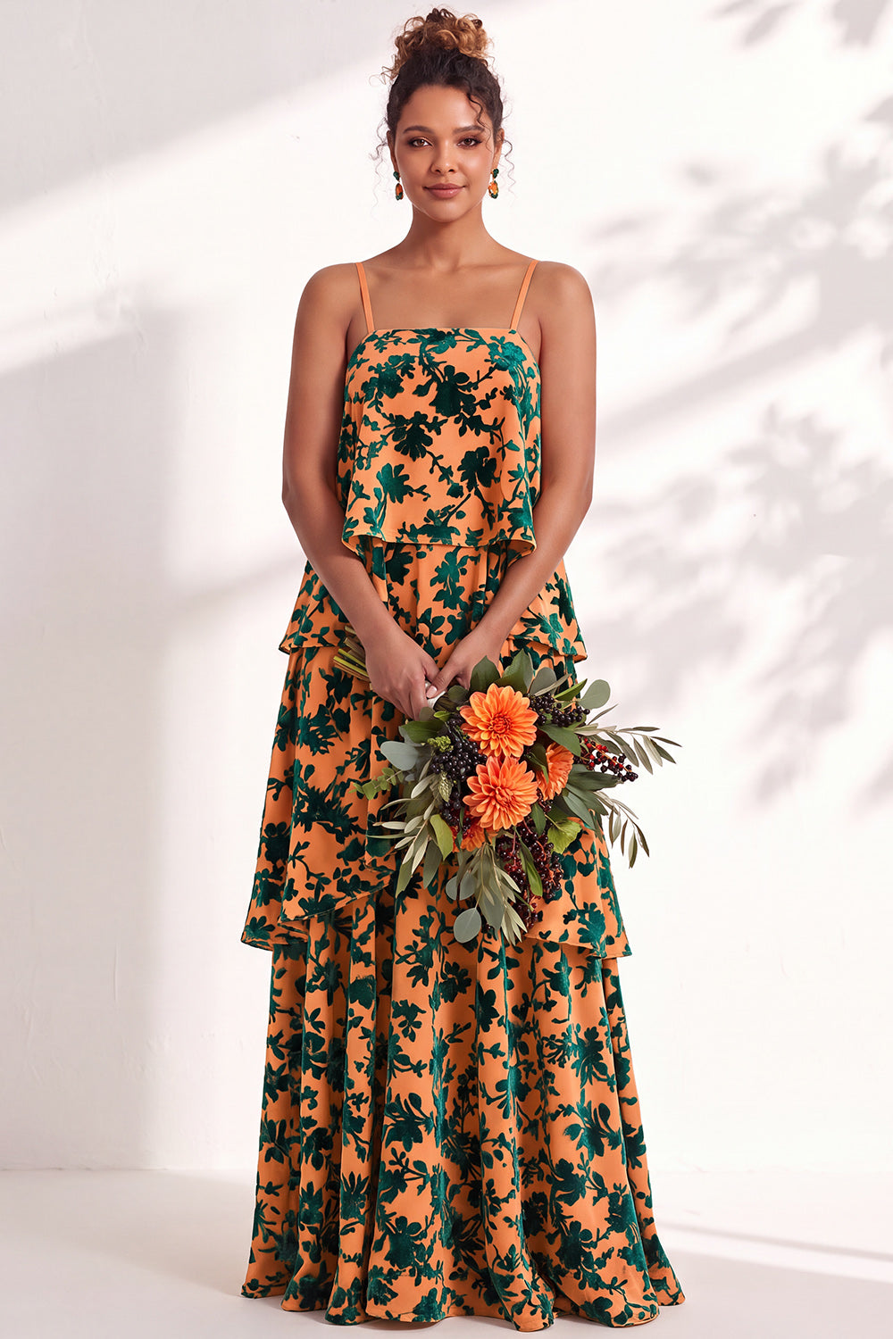 Green Flower Tiered Ruffled Velevt Long Formal Dress
