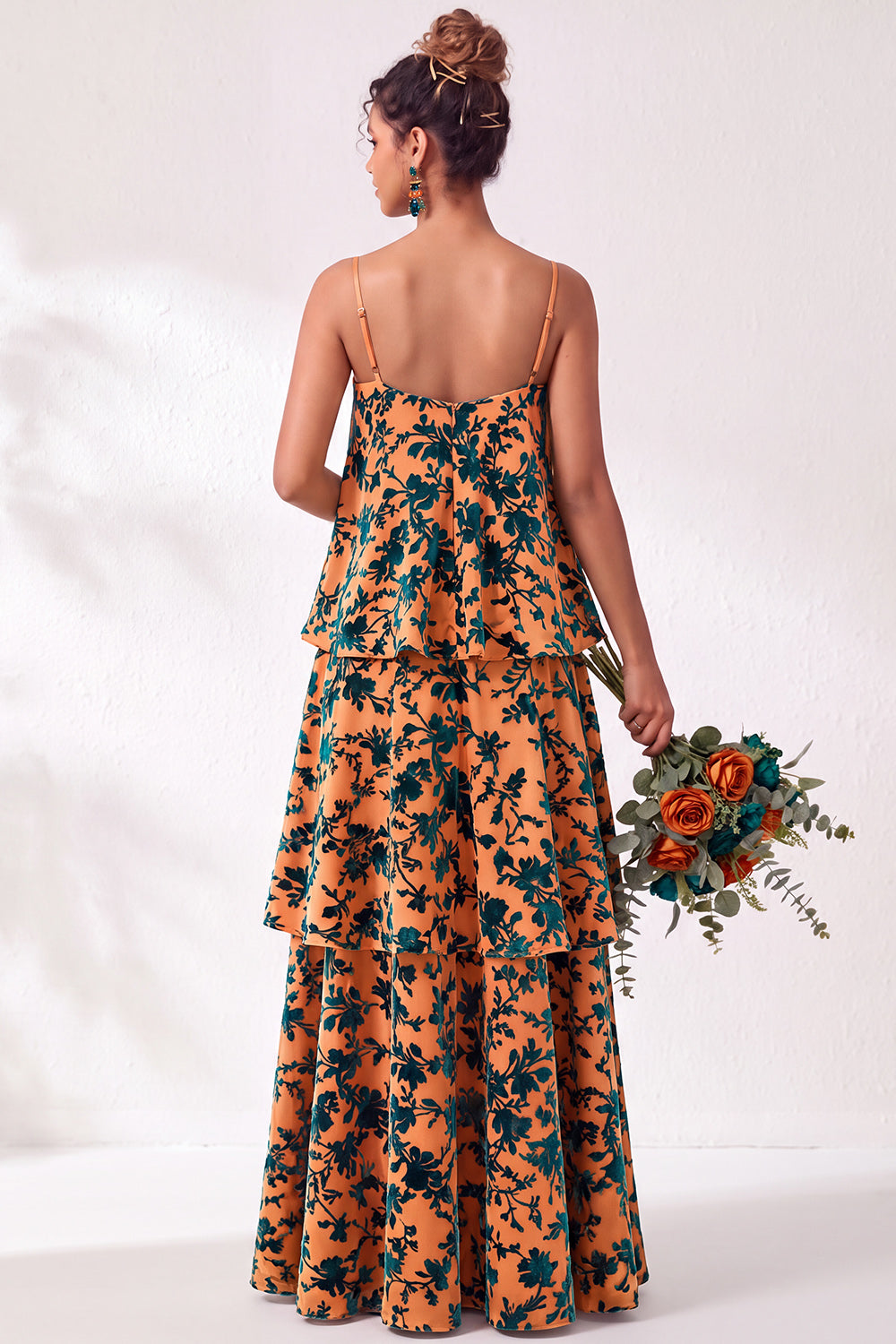 Green Flower Tiered Ruffled Velevt Long Formal Dress