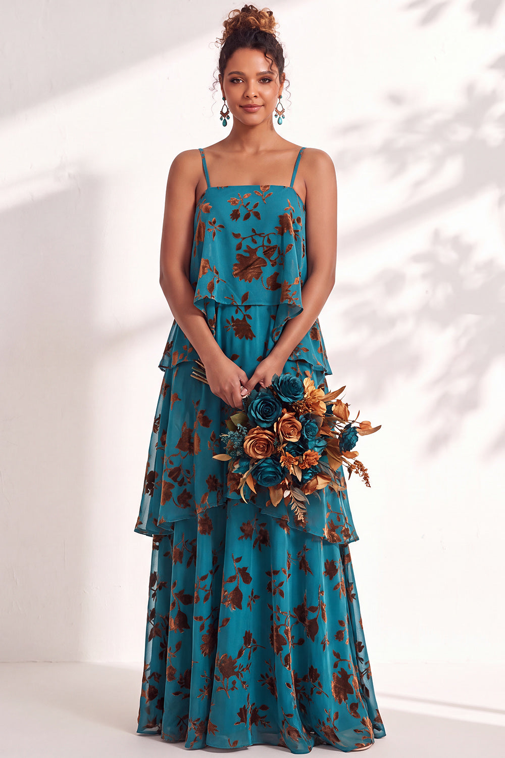 Green Flower Tiered Ruffled Velevt Long Formal Dress