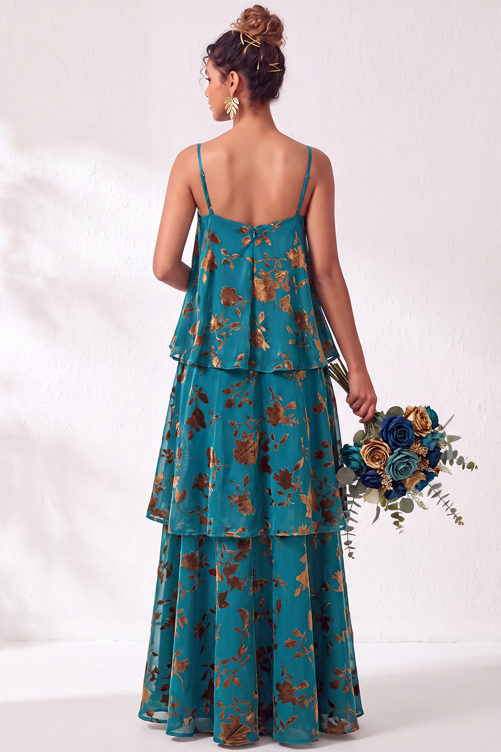 Green Flower Tiered Ruffled Velevt Long Formal Dress