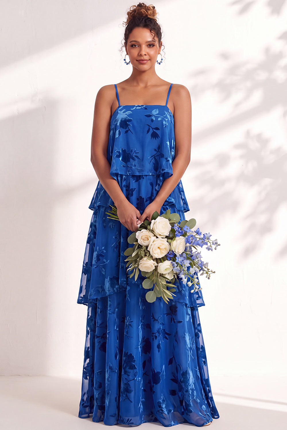 Green Flower Tiered Ruffled Velevt Long Formal Dress