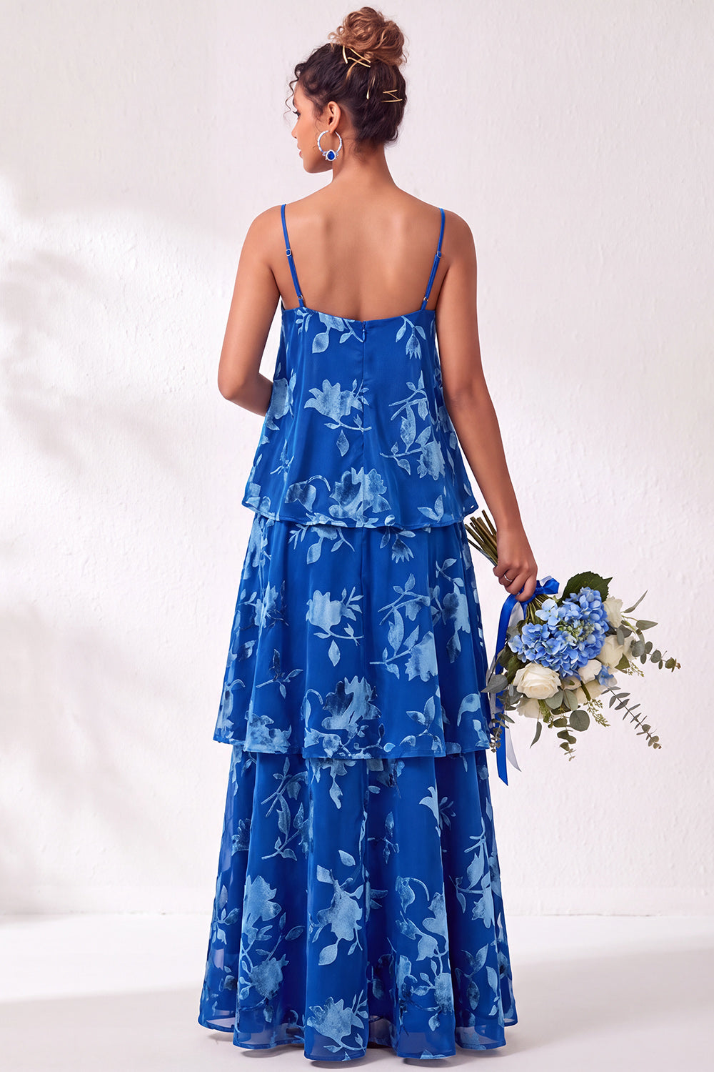 Green Flower Tiered Ruffled Velevt Long Formal Dress
