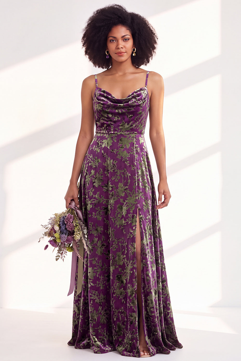 Fuchsia Flower A-Line Velvet Long Formal Dress with Slit
