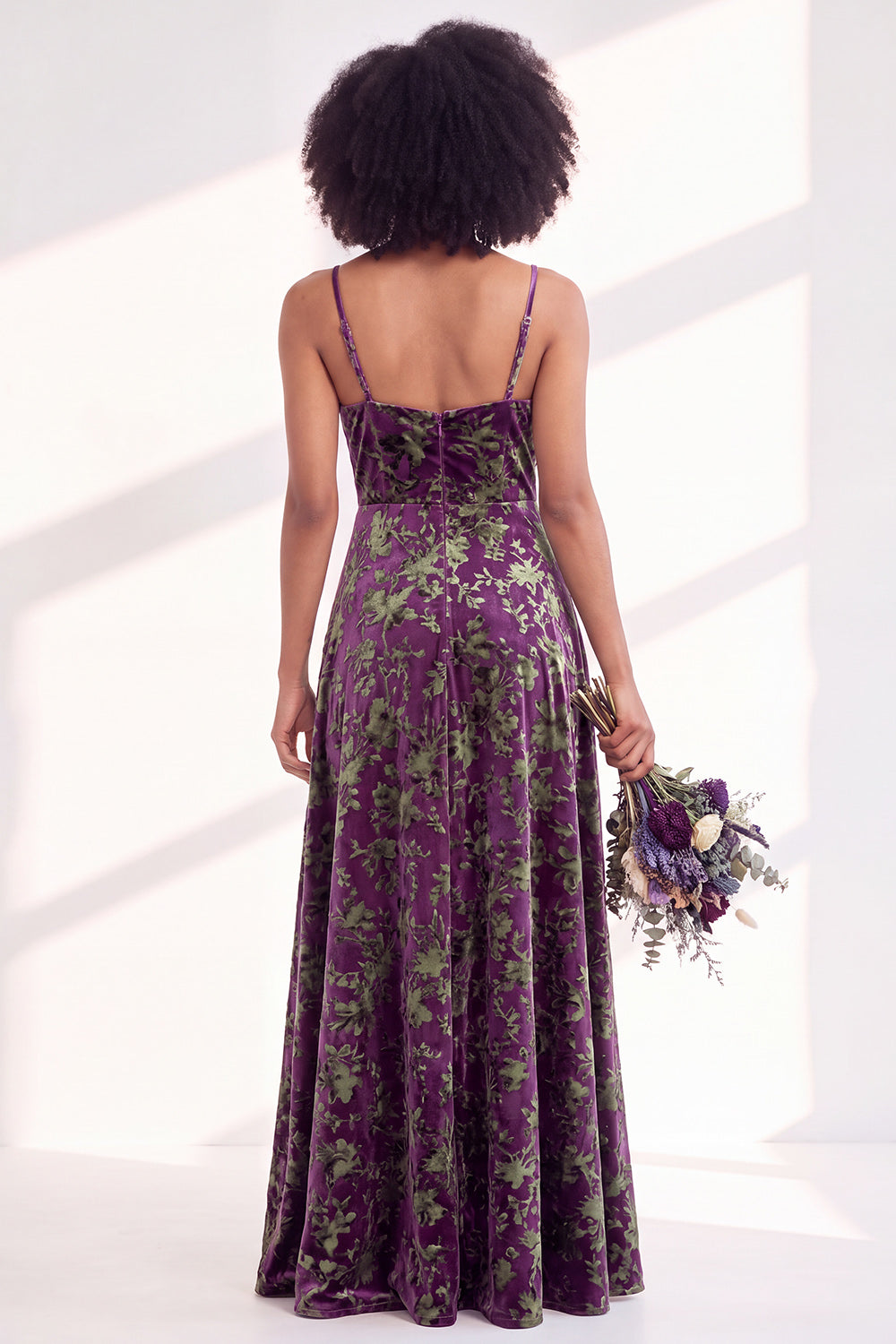 Fuchsia Flower A-Line Velvet Long Formal Dress with Slit