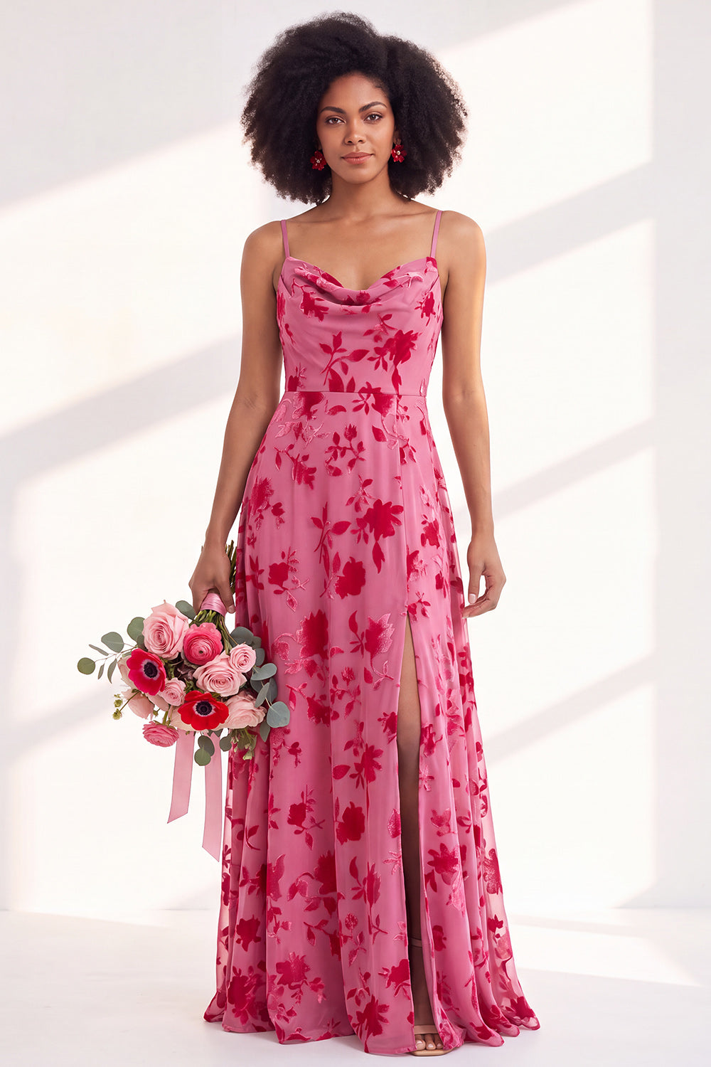 Fuchsia Flower A-Line Velvet Long Formal Dress with Slit