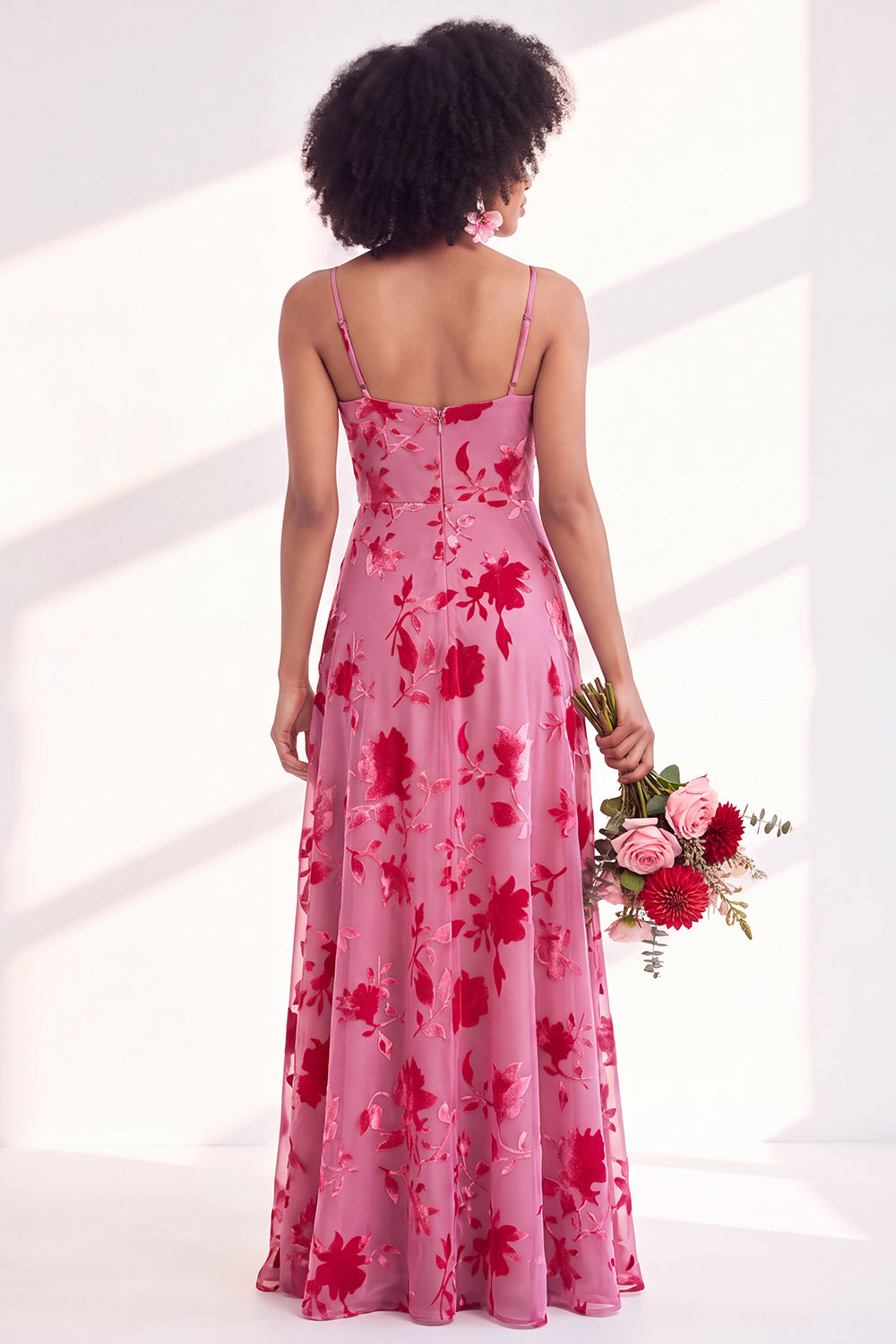 Fuchsia Flower A-Line Velvet Long Formal Dress with Slit