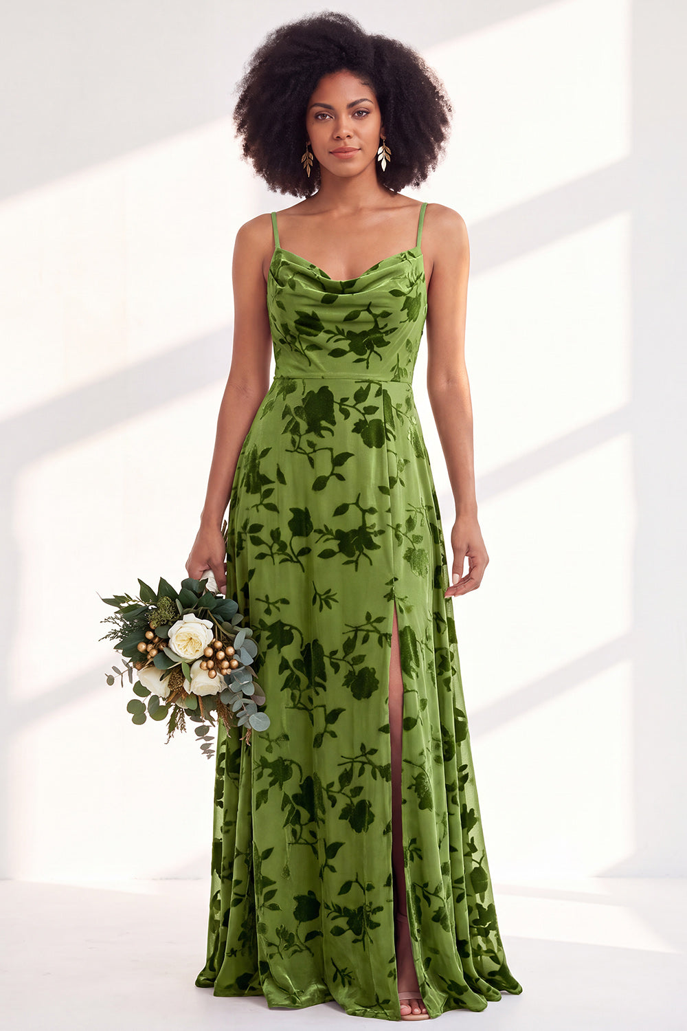 Fuchsia Flower A-Line Velvet Long Formal Dress with Slit
