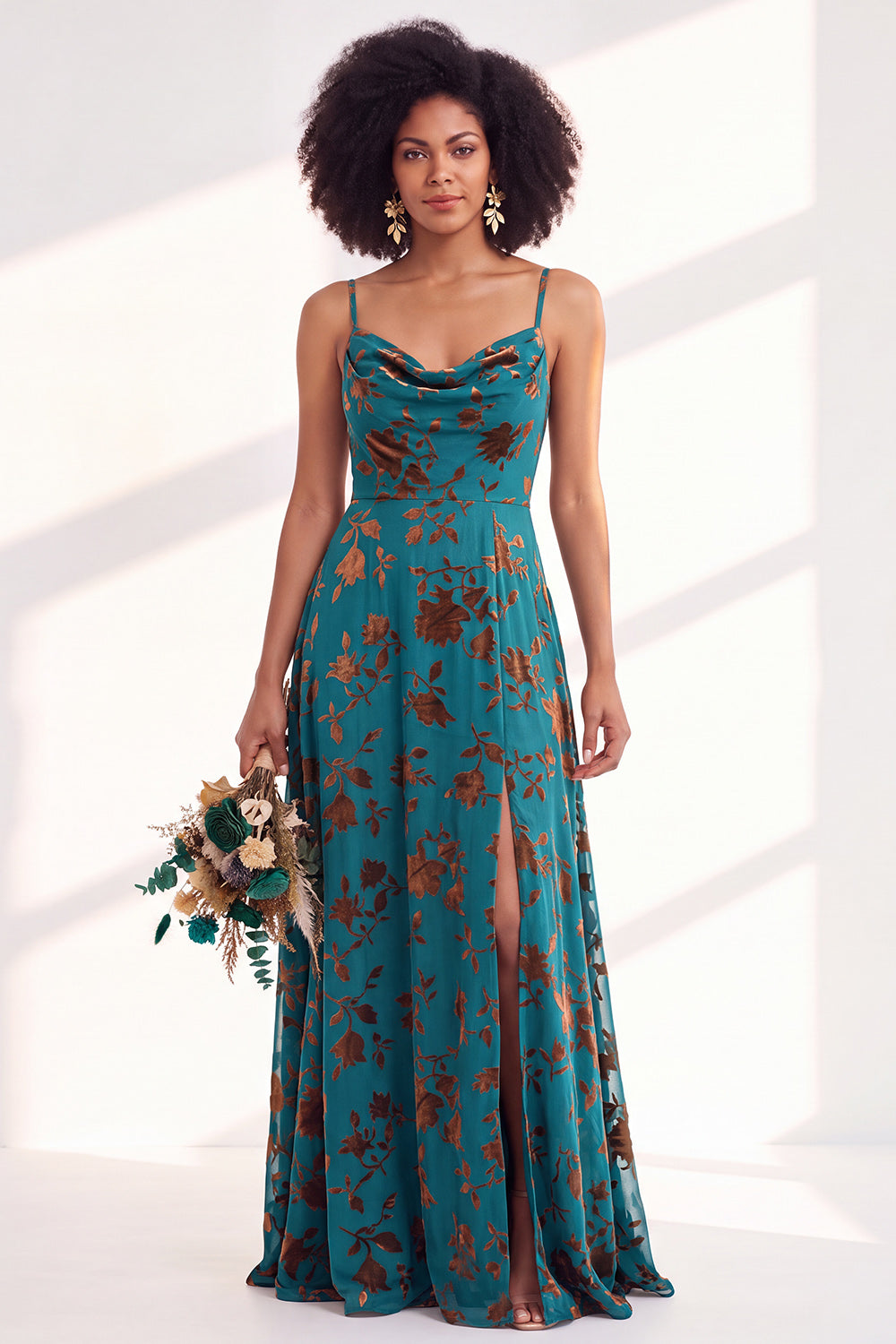 Fuchsia Flower A-Line Velvet Long Formal Dress with Slit