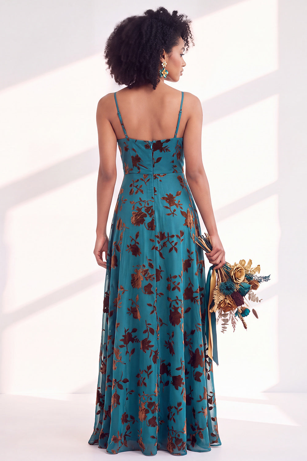 Fuchsia Flower A-Line Velvet Long Formal Dress with Slit