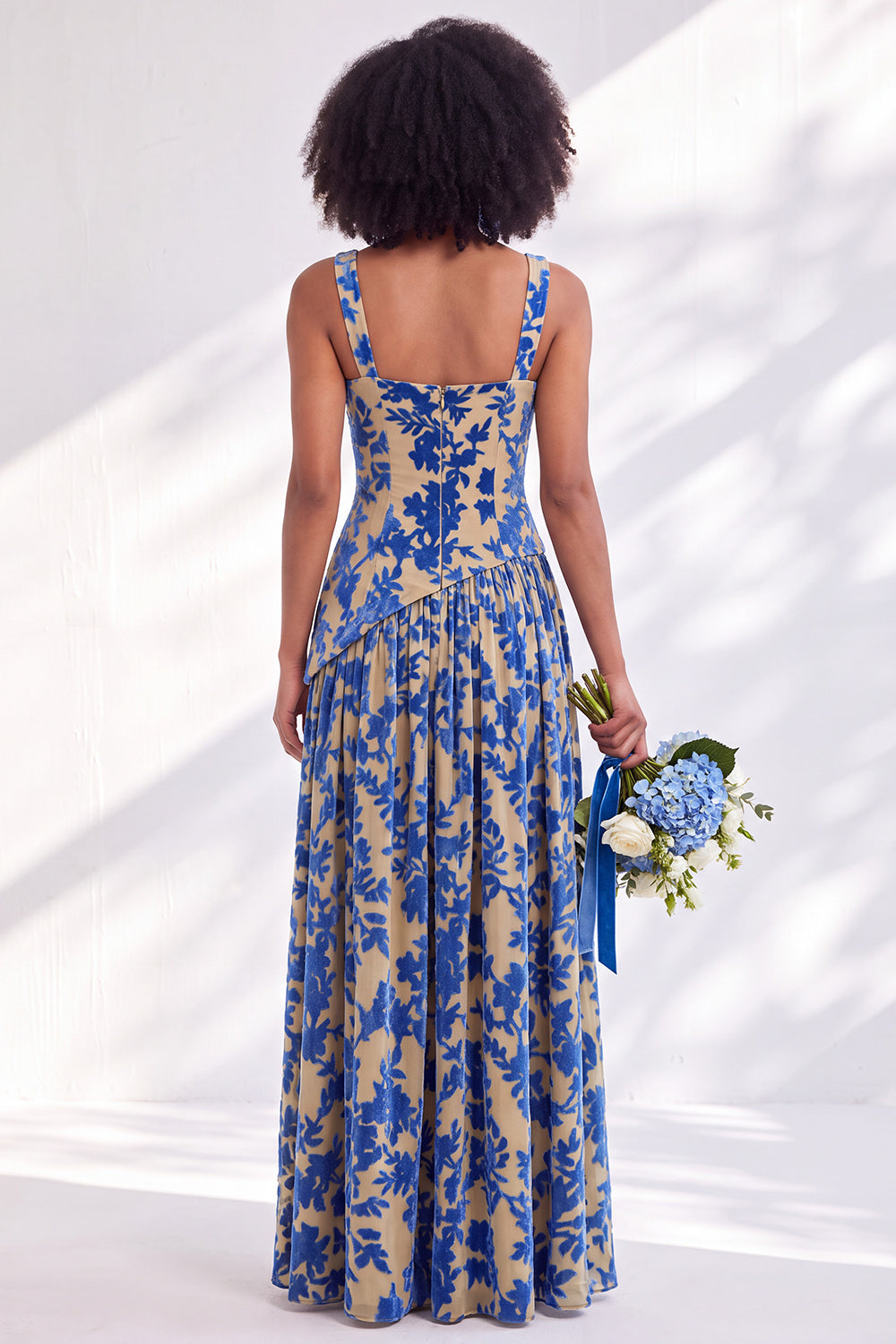 Blue Floral Square Neck Velvet Long Formal Dress with Slit
