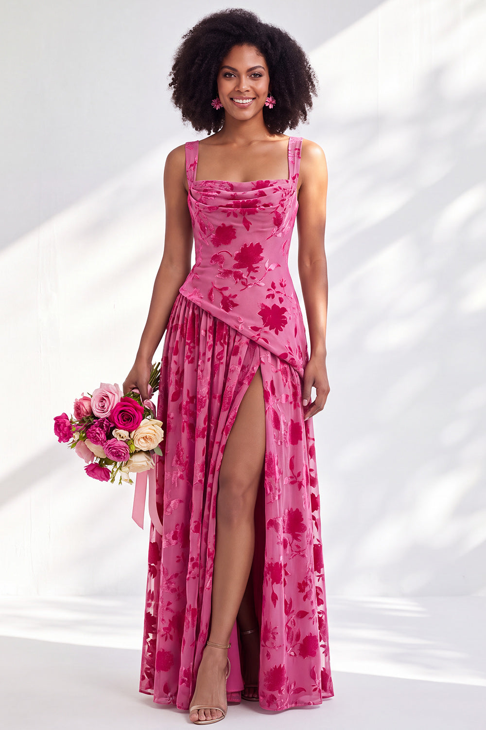 Blue Floral Square Neck Velvet Long Formal Dress with Slit