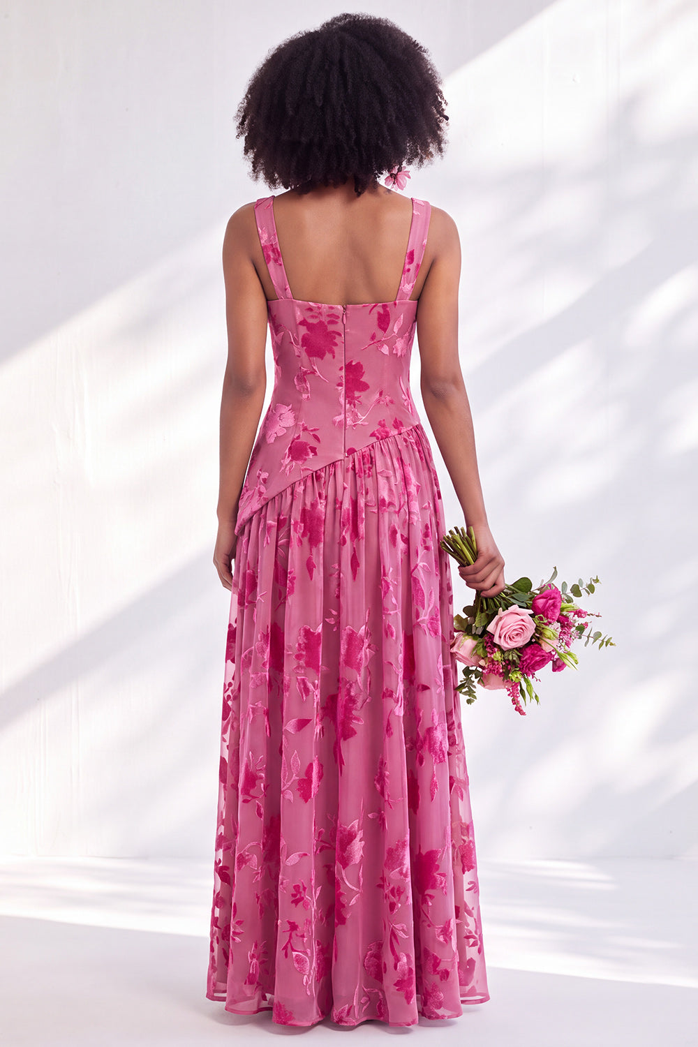 Blue Floral Square Neck Velvet Long Formal Dress with Slit