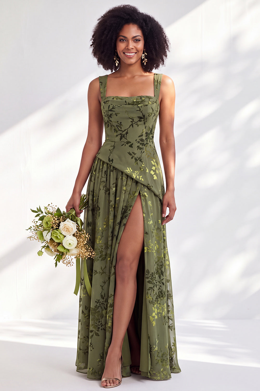 Blue Floral Square Neck Velvet Long Formal Dress with Slit