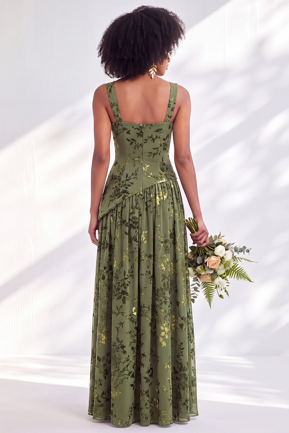 Blue Floral Square Neck Velvet Long Formal Dress with Slit