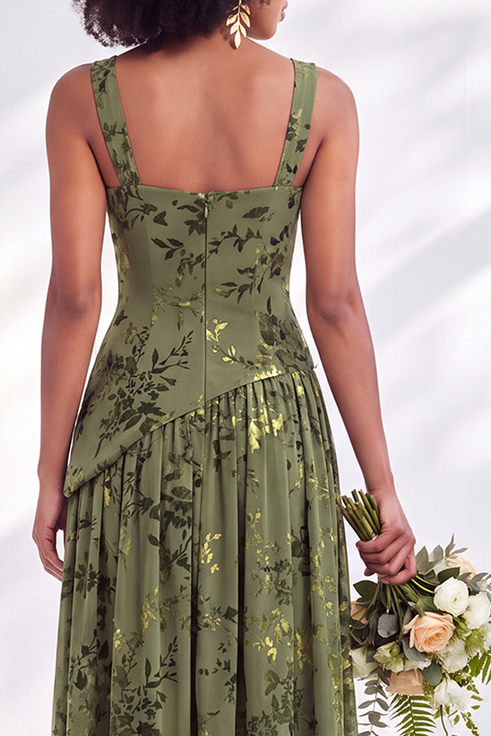 Blue Floral Square Neck Velvet Long Formal Dress with Slit