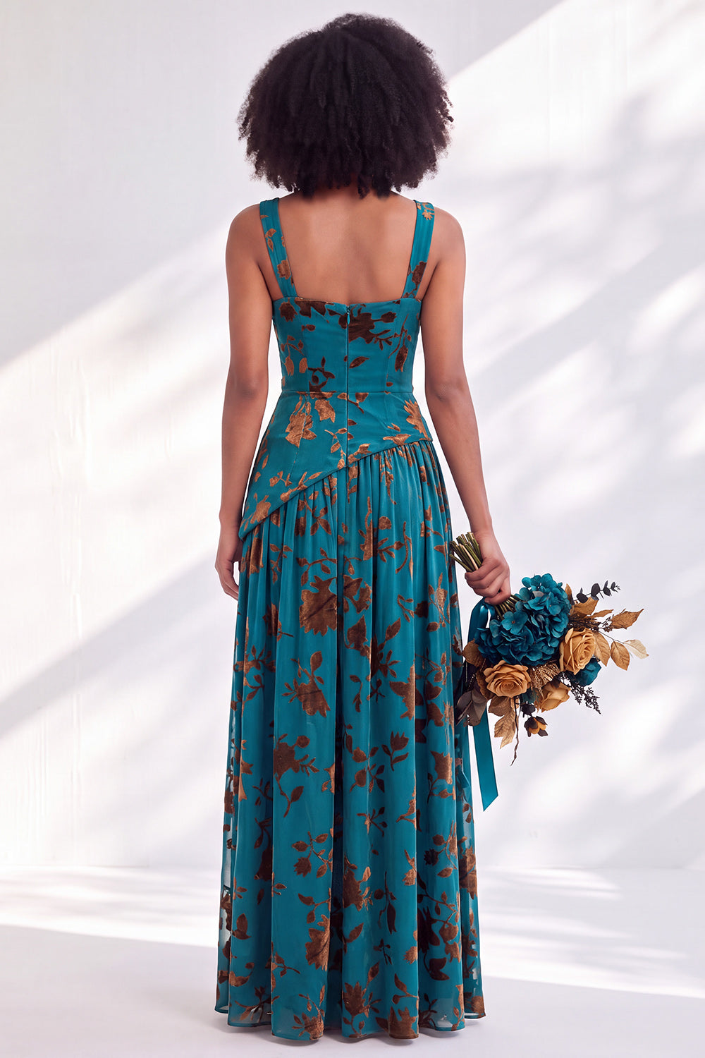 Blue Floral Square Neck Velvet Long Formal Dress with Slit