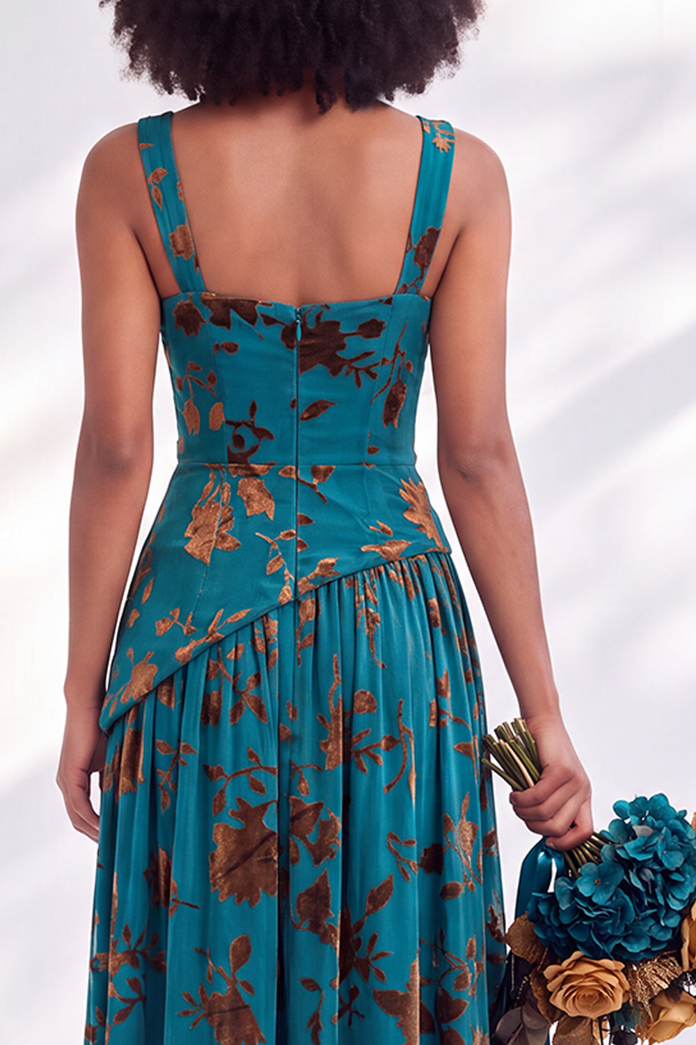 Blue Floral Square Neck Velvet Long Formal Dress with Slit