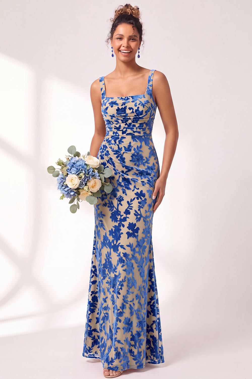 Blue Floral Velvet Long Mermaid Formal Dress Ruched Square Neck Bridesmaid Dress