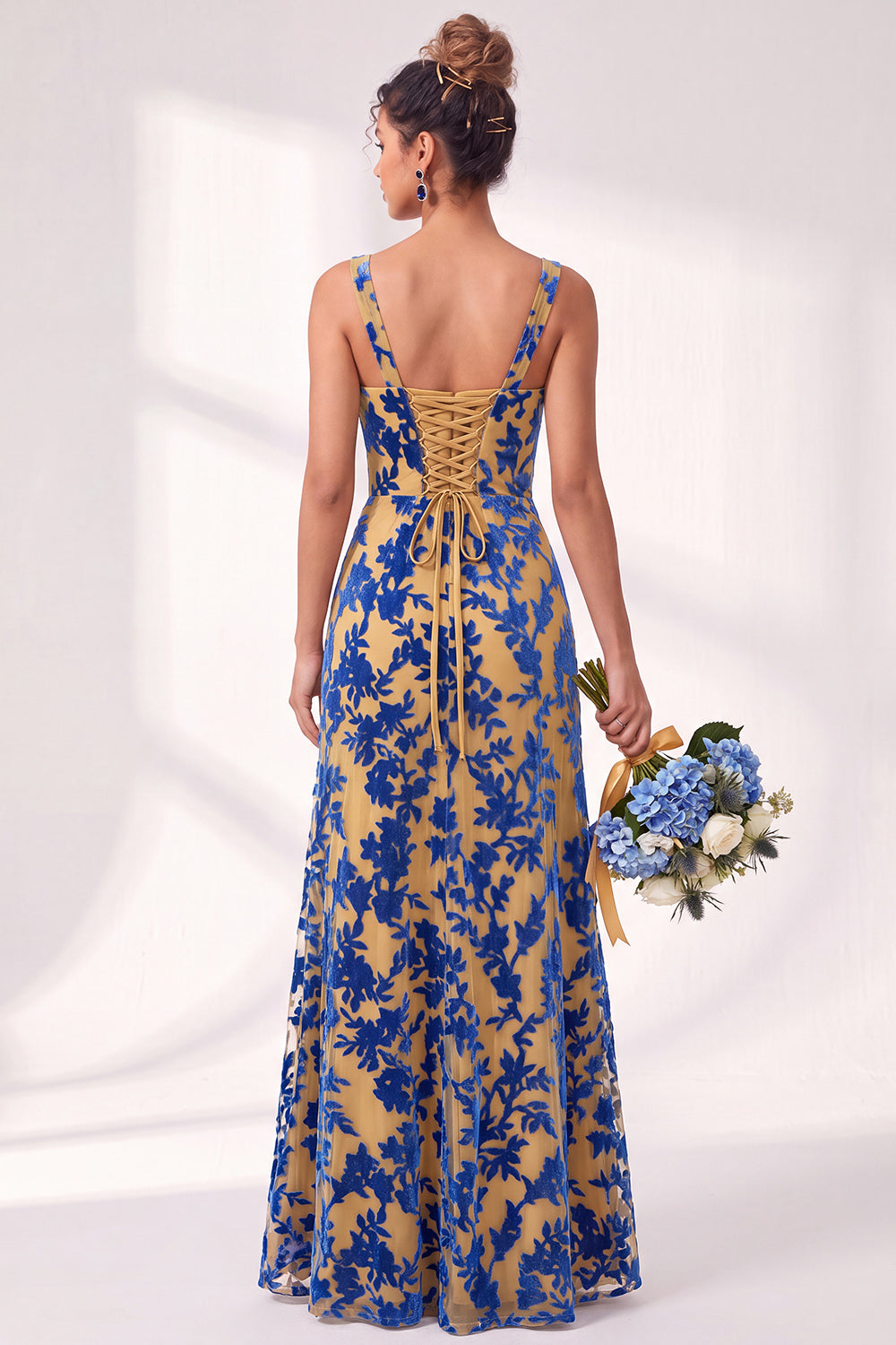 Blue Floral Ruched Square Neck Long Mermaid Formal Dress