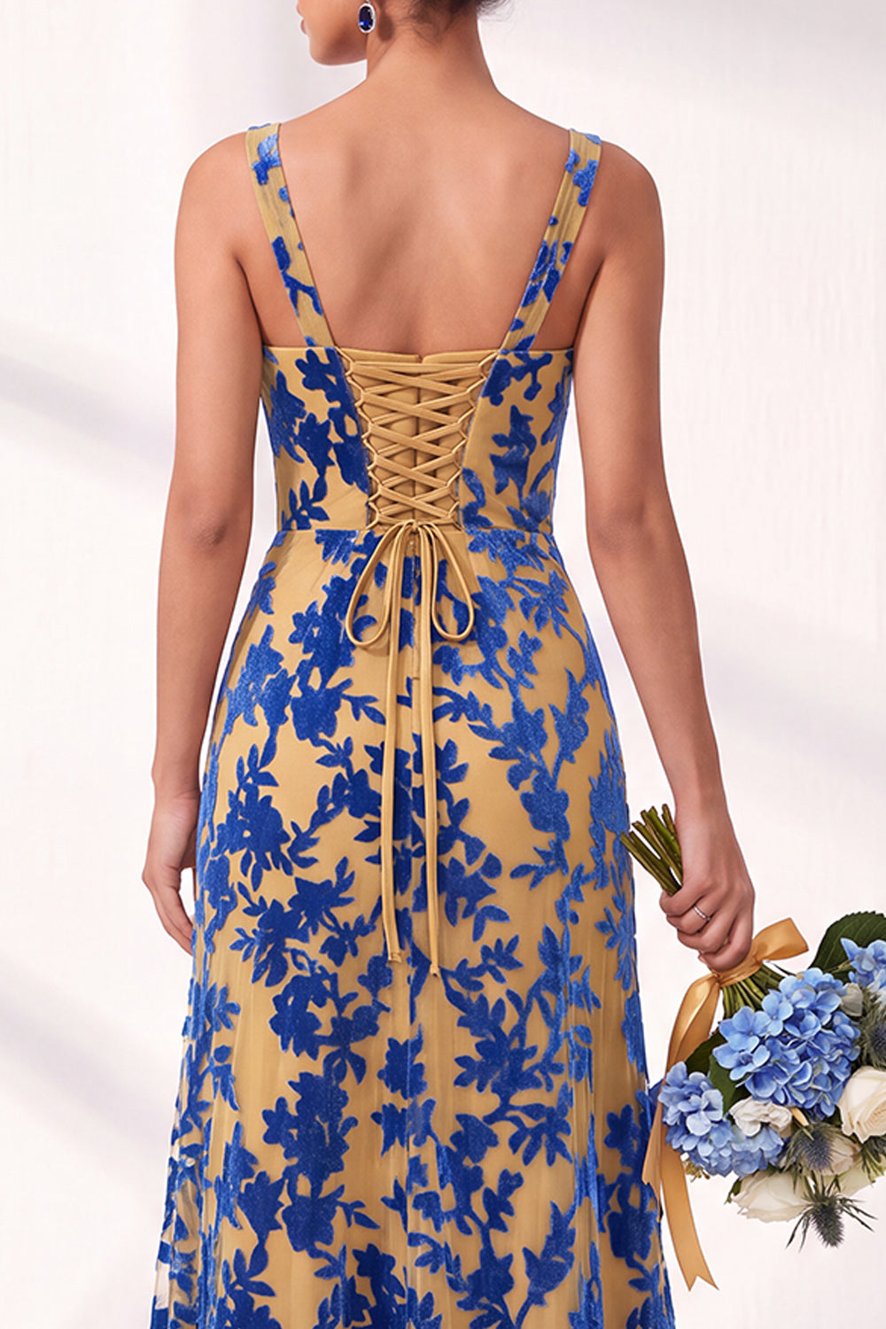 Blue Floral Ruched Square Neck Long Mermaid Formal Dress