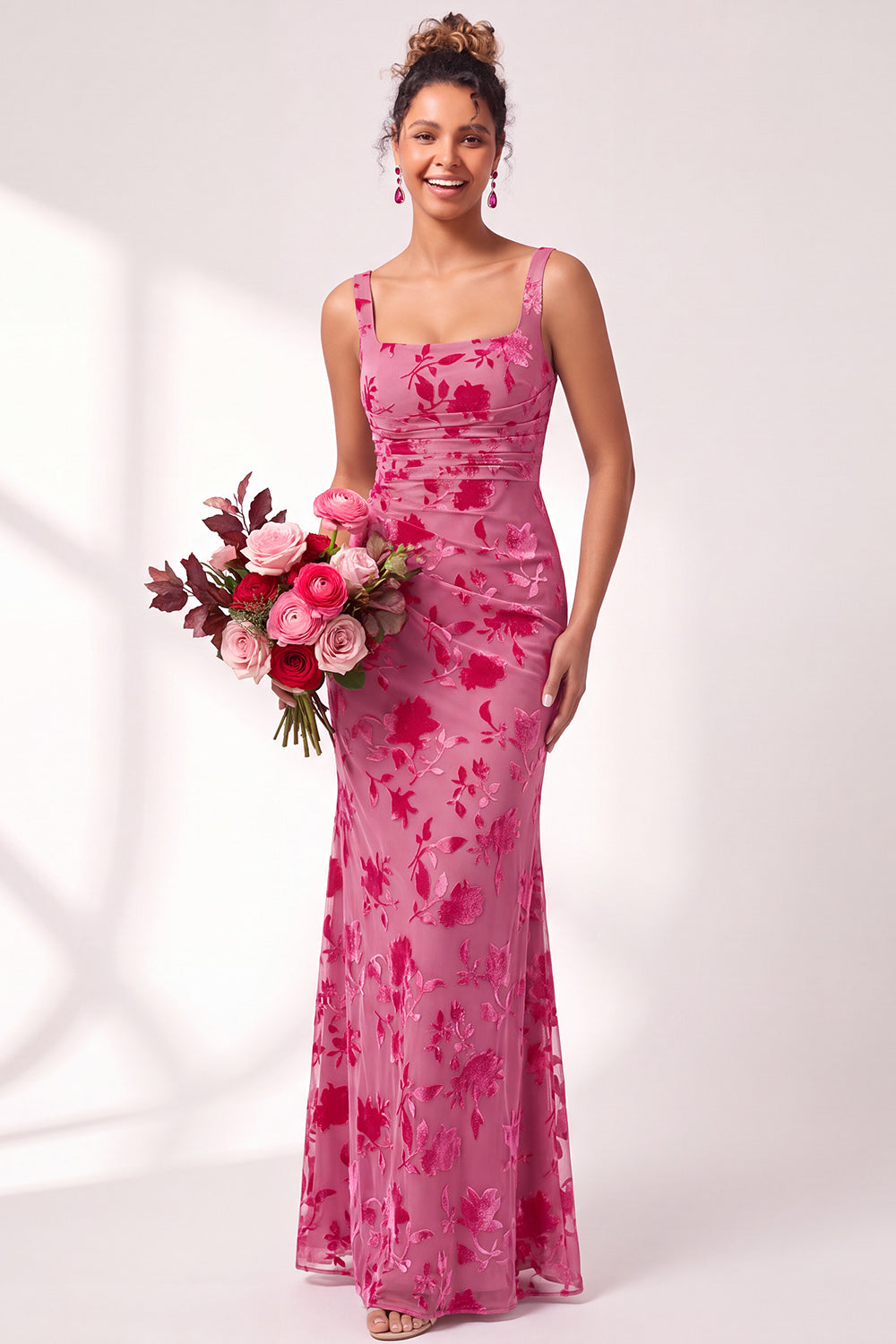 Blue Floral Ruched Square Neck Long Mermaid Formal Dress