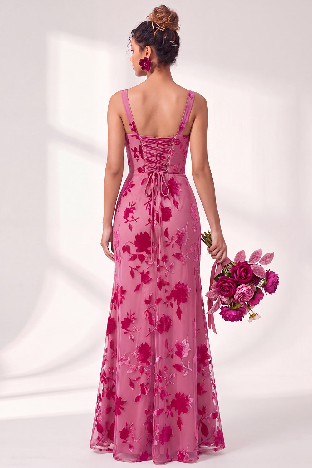 Blue Floral Ruched Square Neck Long Mermaid Formal Dress