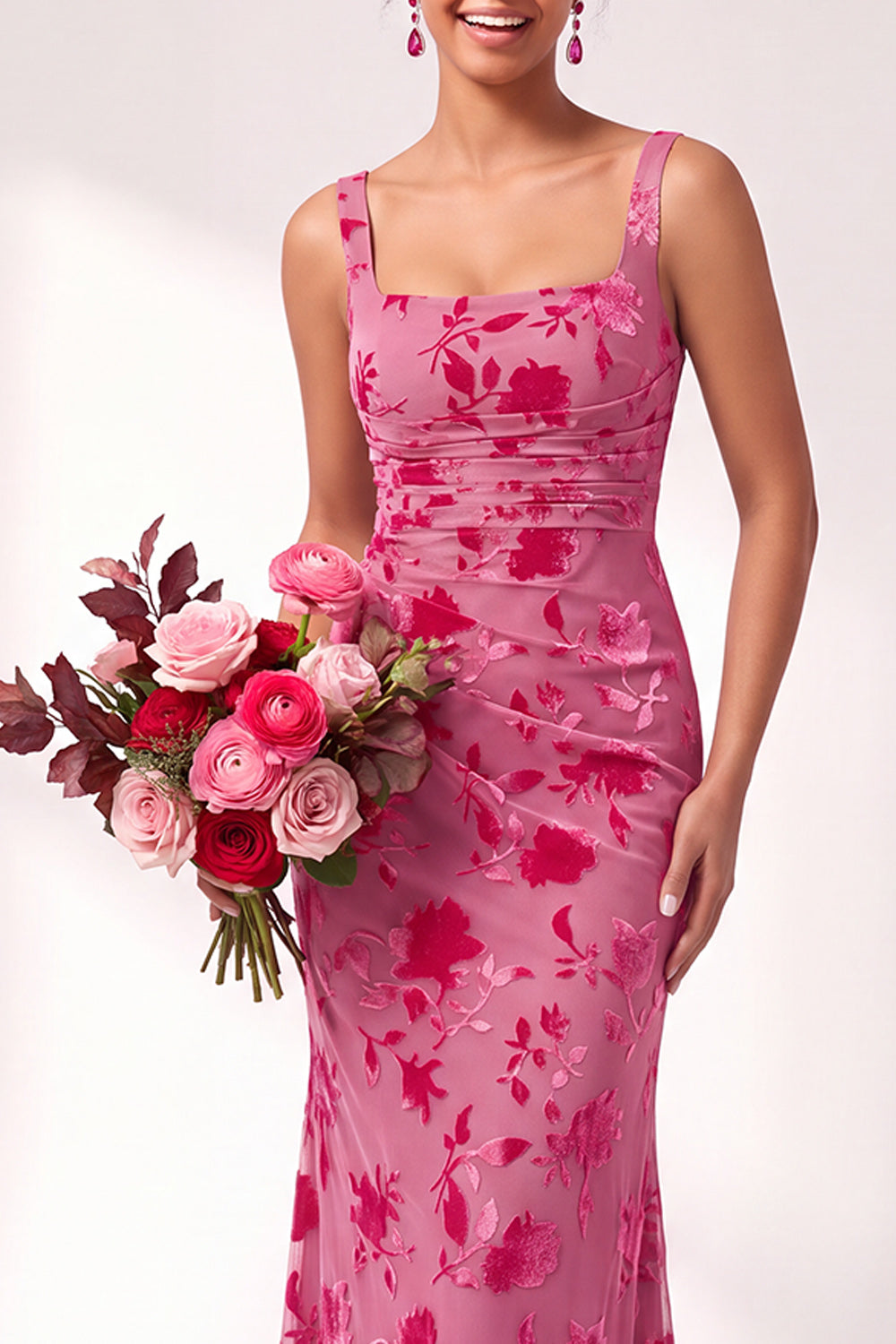 Blue Floral Ruched Square Neck Long Mermaid Formal Dress