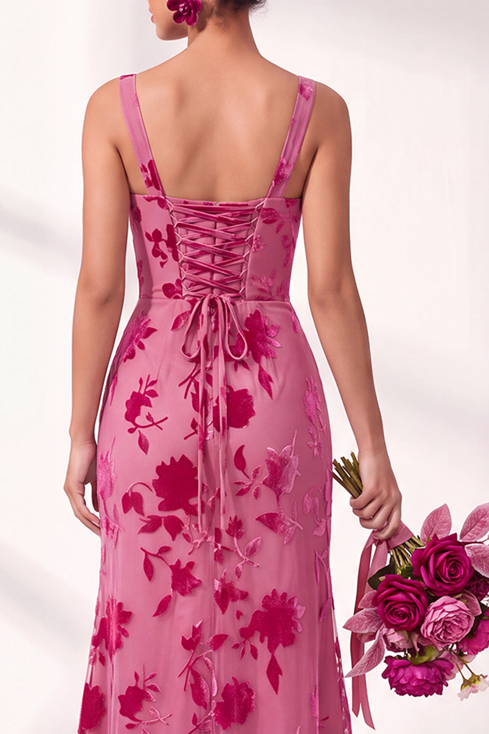 Blue Floral Ruched Square Neck Long Mermaid Formal Dress