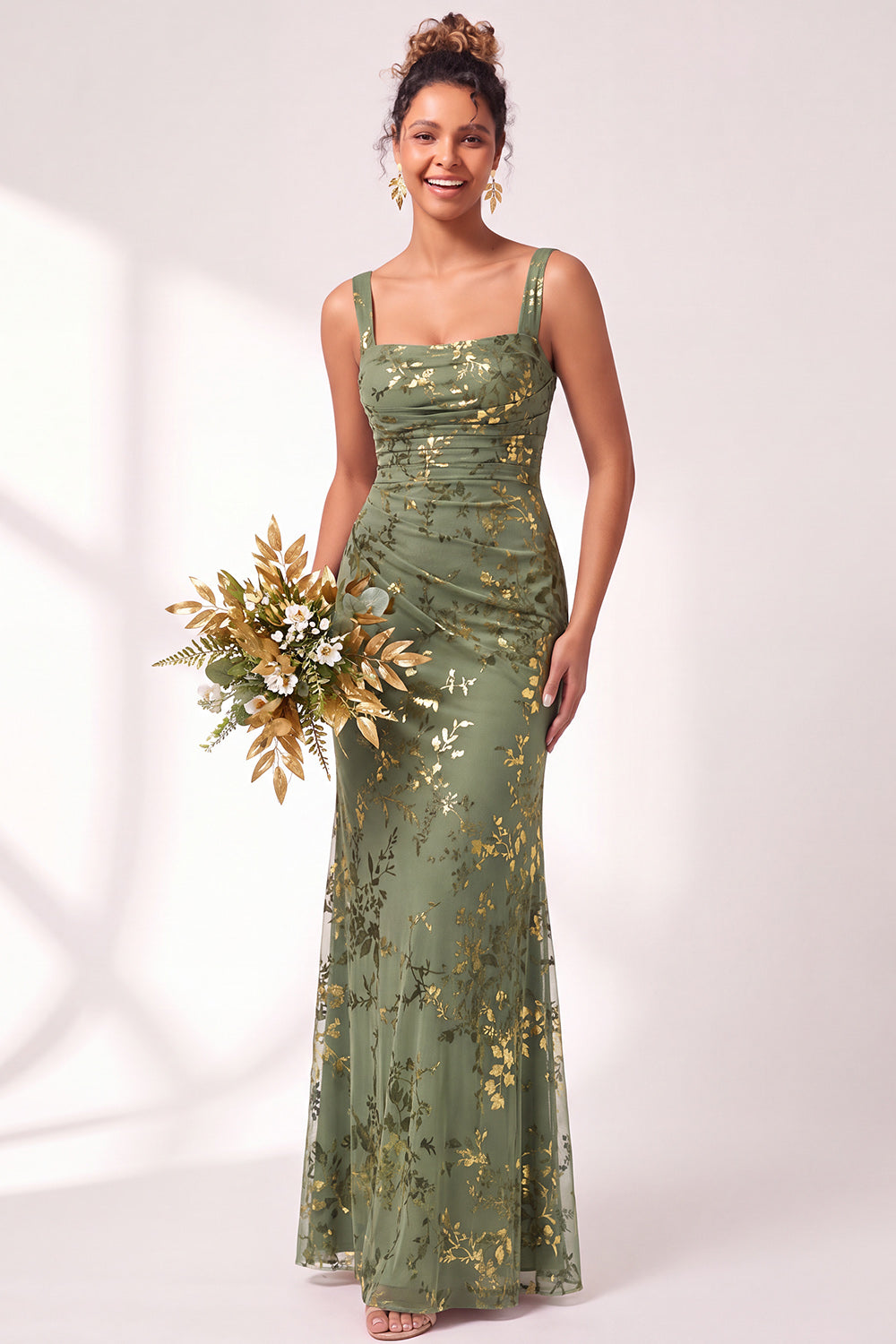 Blue Floral Ruched Square Neck Long Mermaid Formal Dress