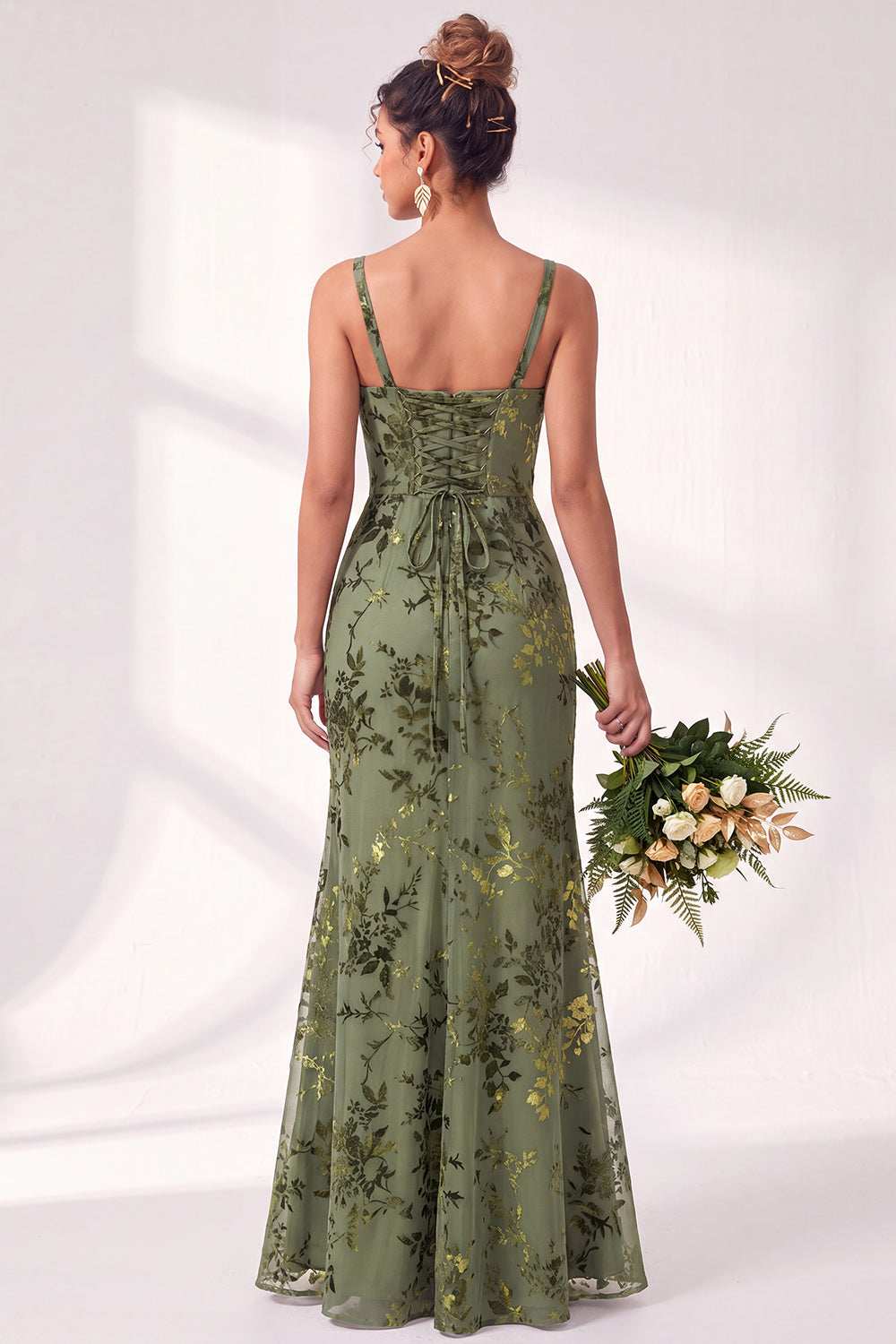Blue Floral Ruched Square Neck Long Mermaid Formal Dress
