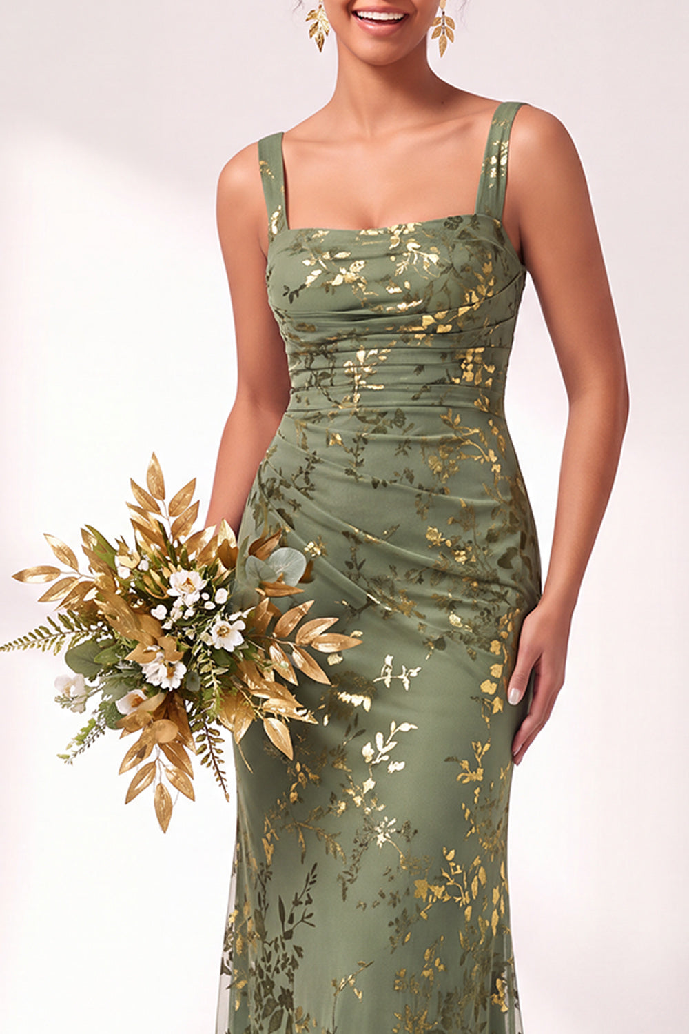 Blue Floral Ruched Square Neck Long Mermaid Formal Dress
