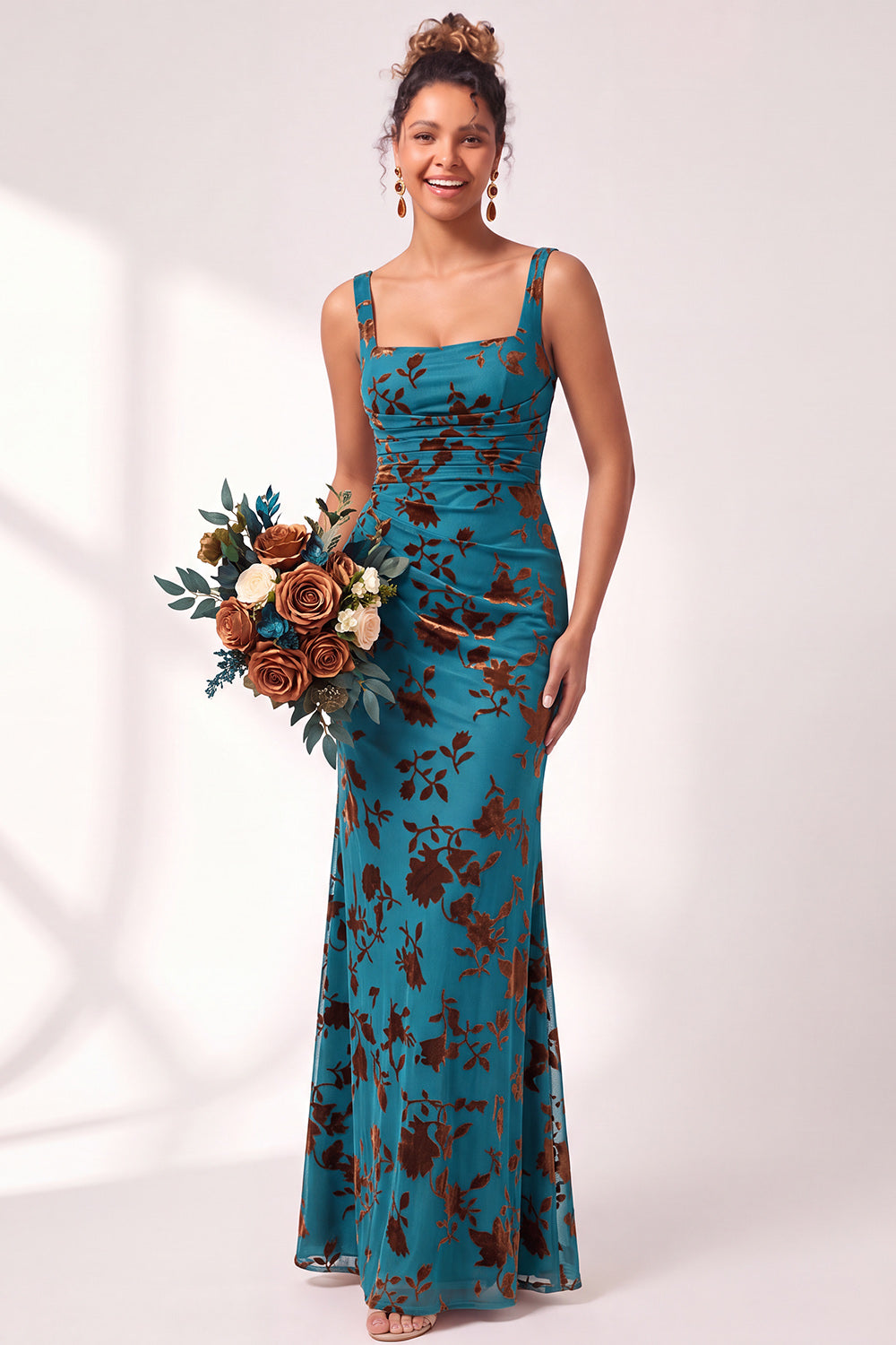 Blue Floral Ruched Square Neck Long Mermaid Formal Dress