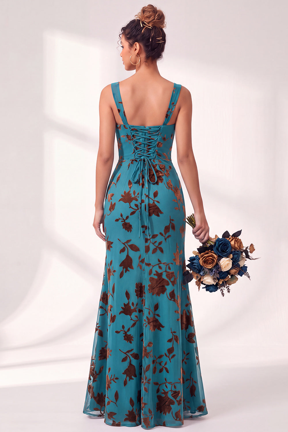 Blue Floral Ruched Square Neck Long Mermaid Formal Dress