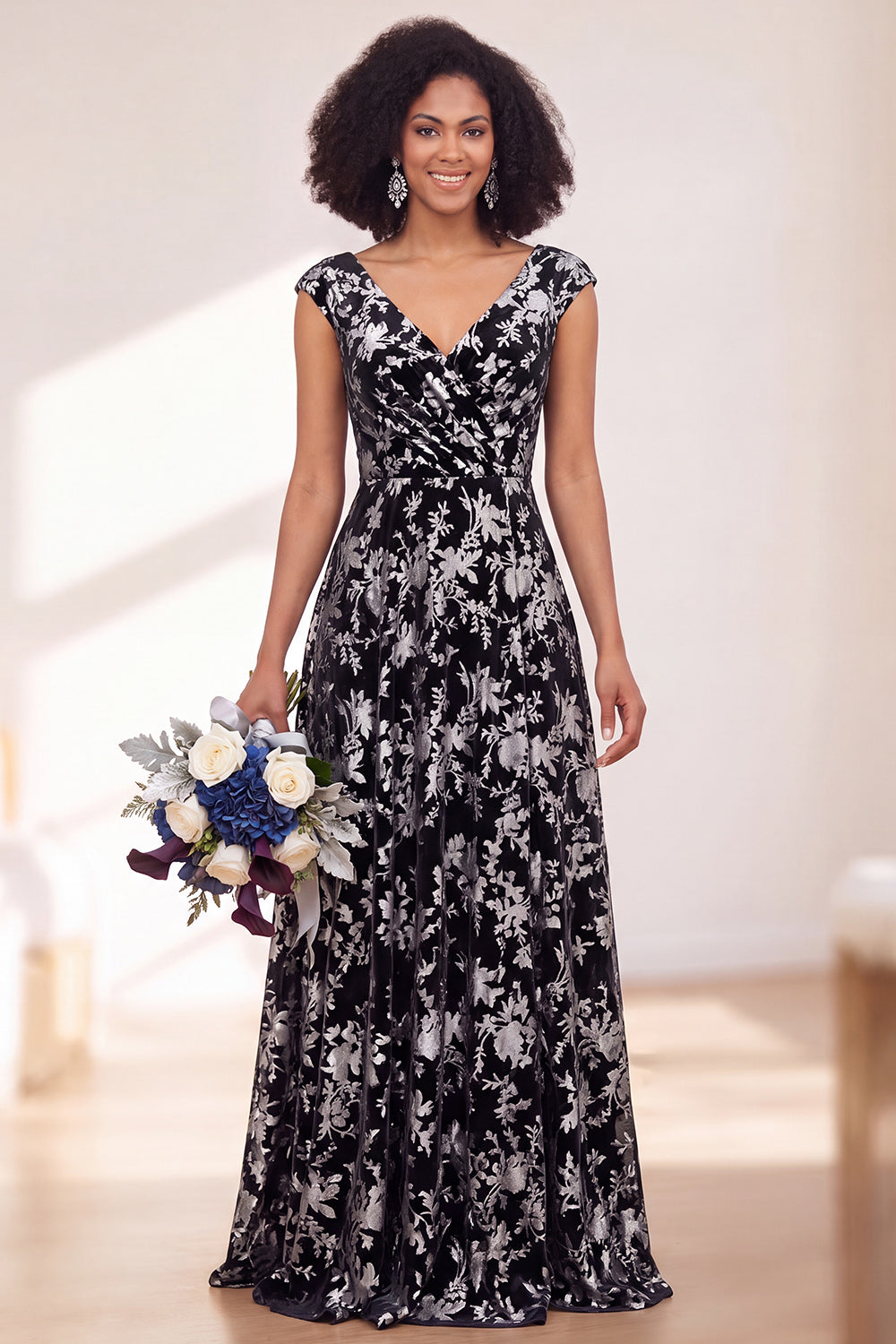 Blue Burgundy Flower A-Line V-Neck Long Formal Dress