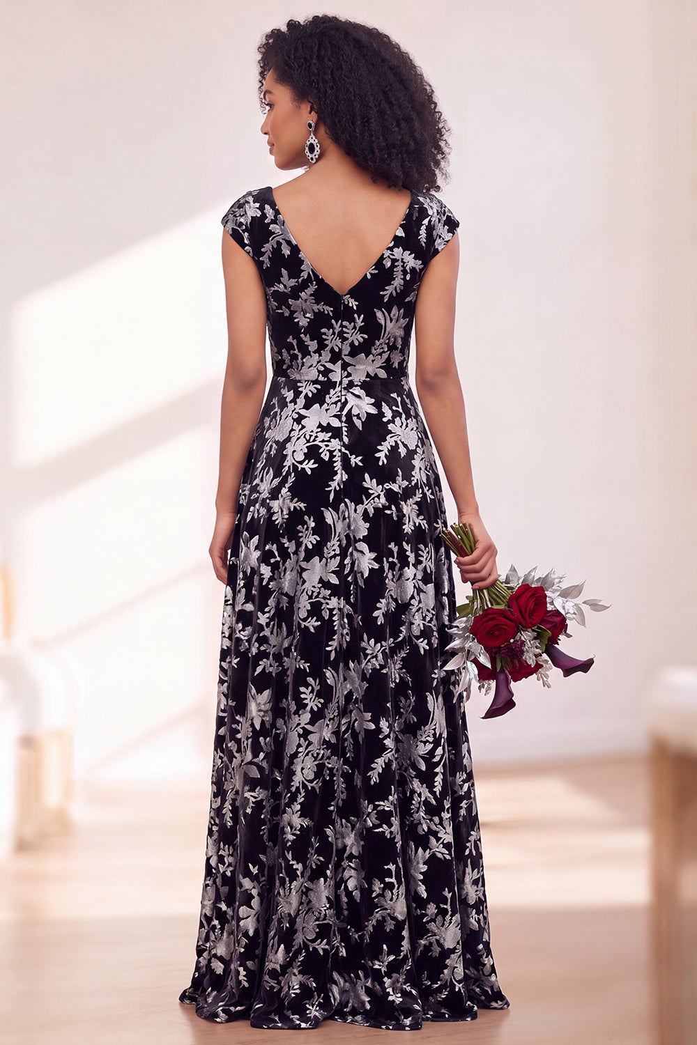 Blue Burgundy Flower A-Line V-Neck Long Formal Dress