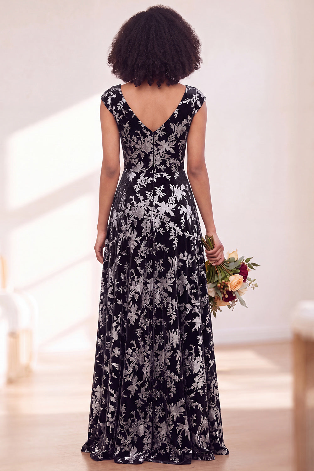 Blue Burgundy Flower A-Line V-Neck Long Formal Dress