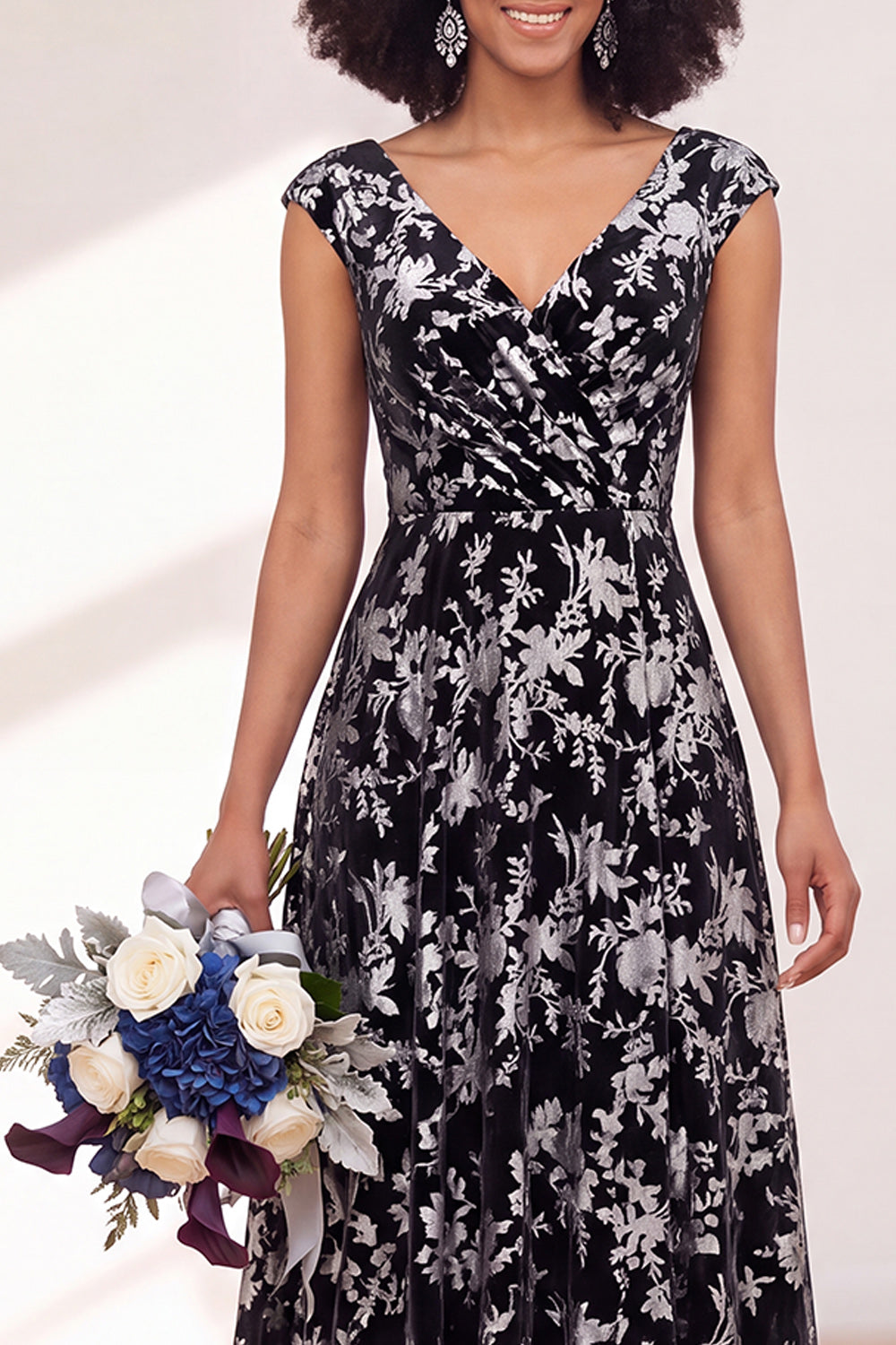 Blue Burgundy Flower A-Line V-Neck Long Formal Dress